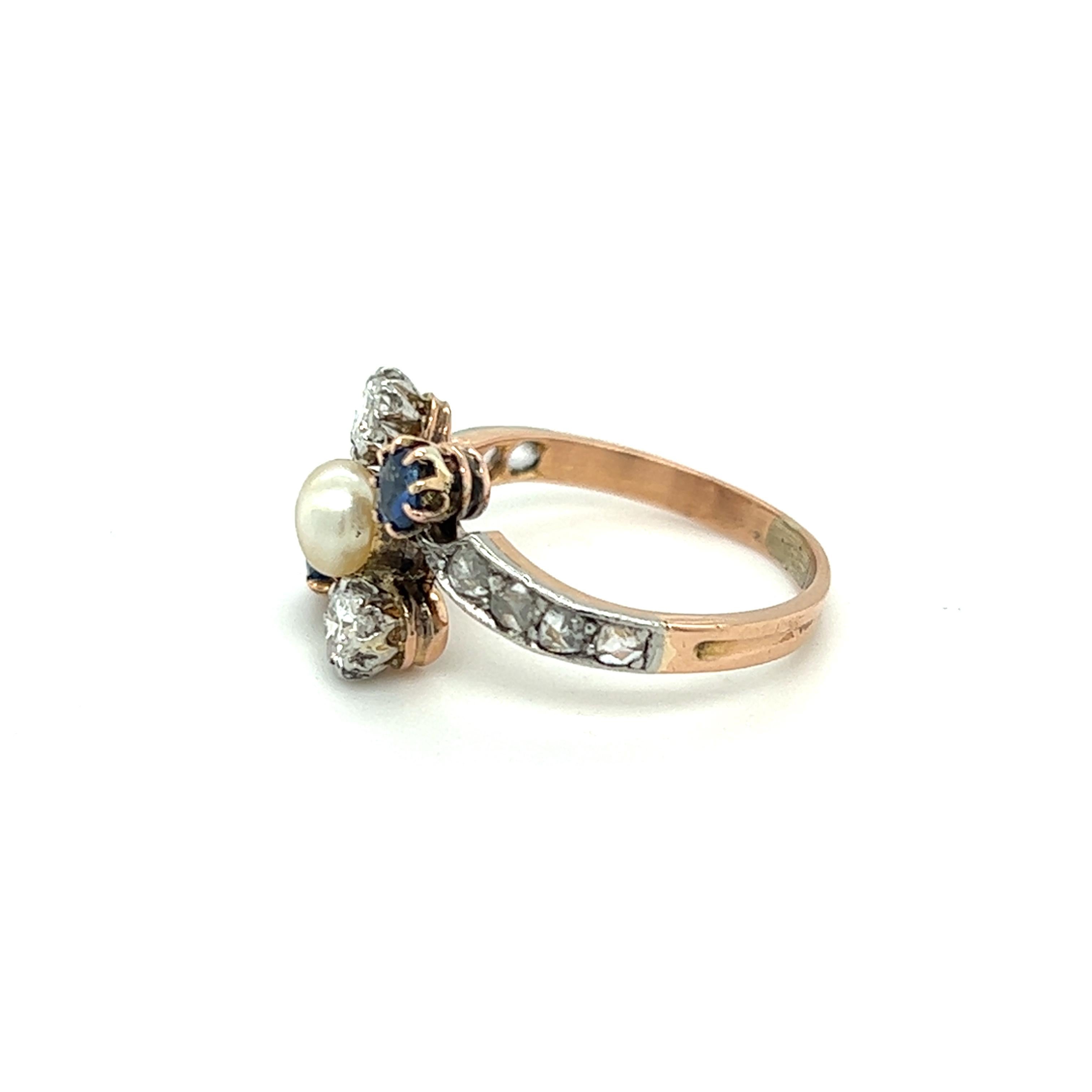 Old Mine Cut Edwardian Natural Pearl, Sapphire & Diamond Ring in 18K Rose Gold For Sale