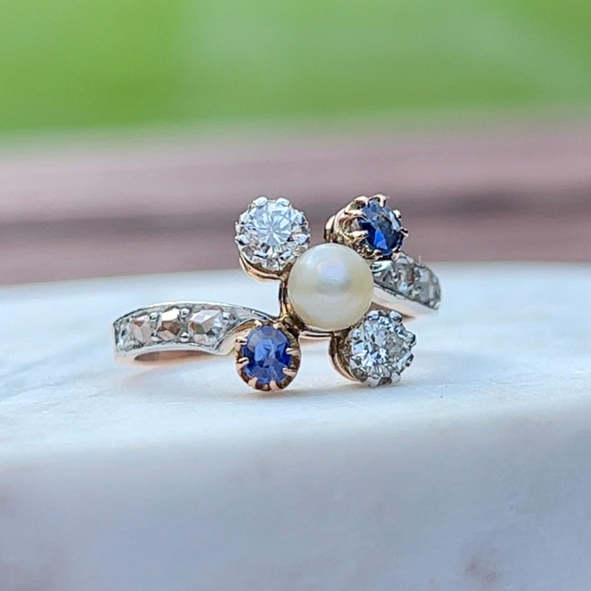 Edwardian Natural Pearl, Sapphire & Diamond Ring in 18K Rose Gold For Sale 1