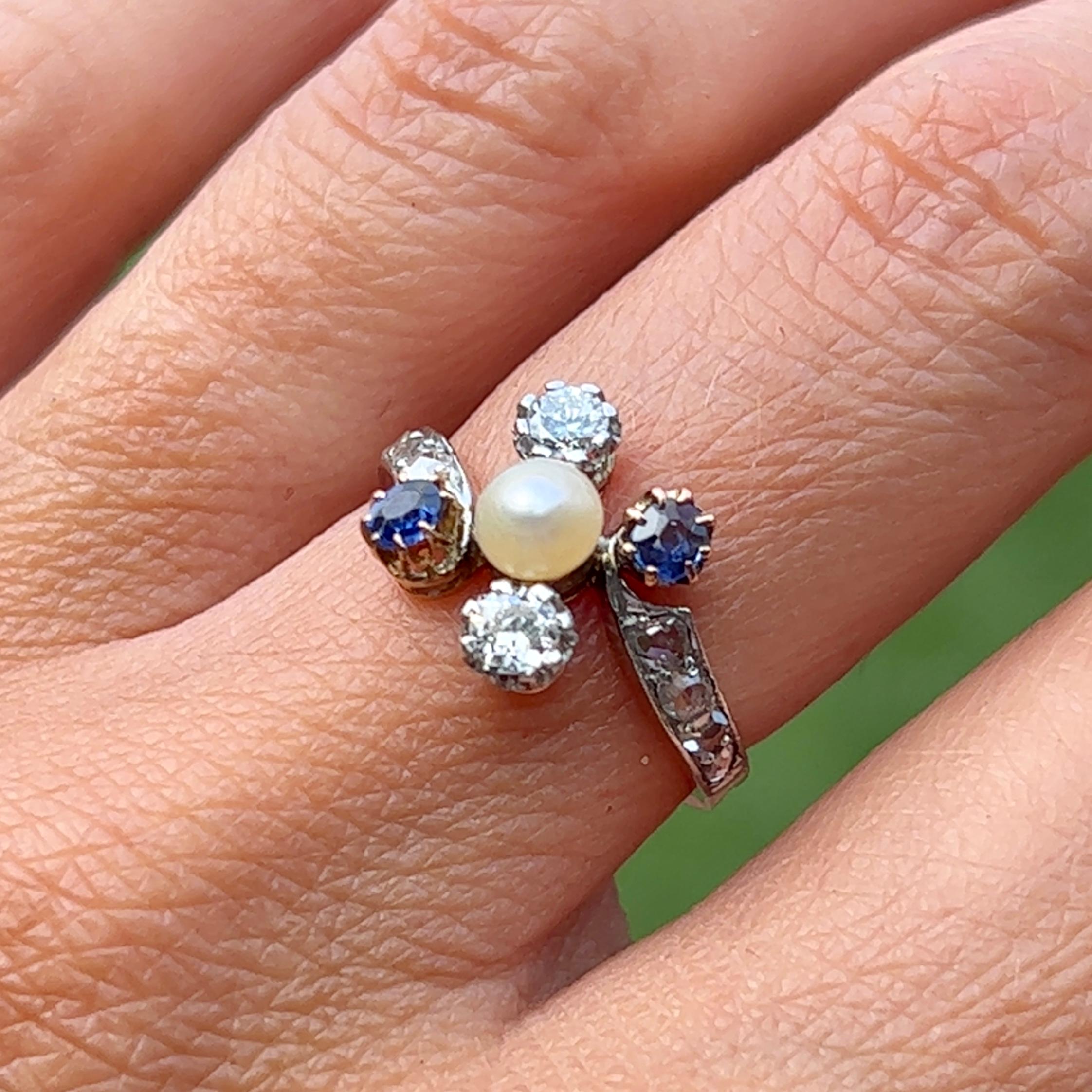 Edwardian Natural Pearl, Sapphire & Diamond Ring in 18K Rose Gold For Sale 2