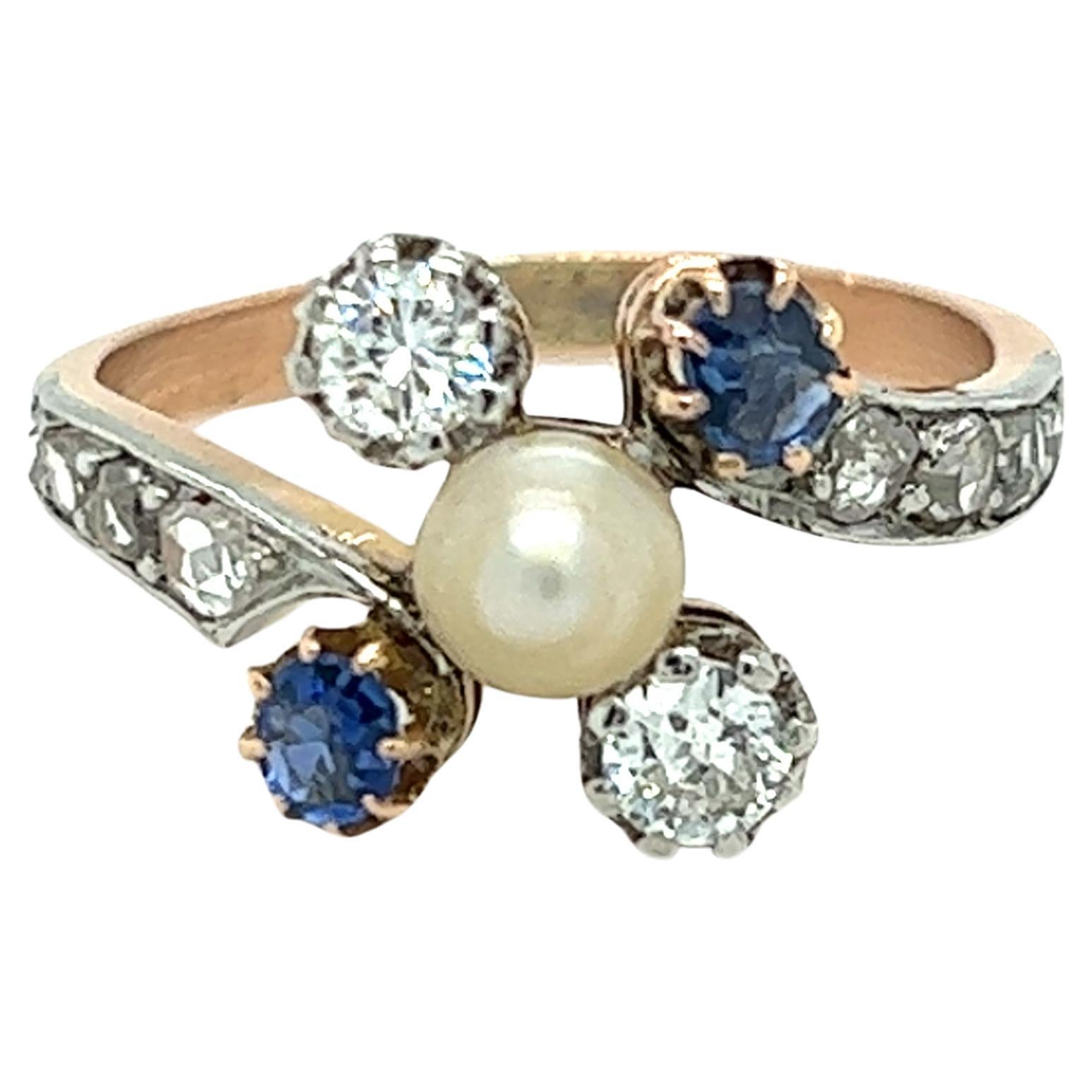 Edwardian Natural Pearl, Sapphire & Diamond Ring in 18K Rose Gold For Sale