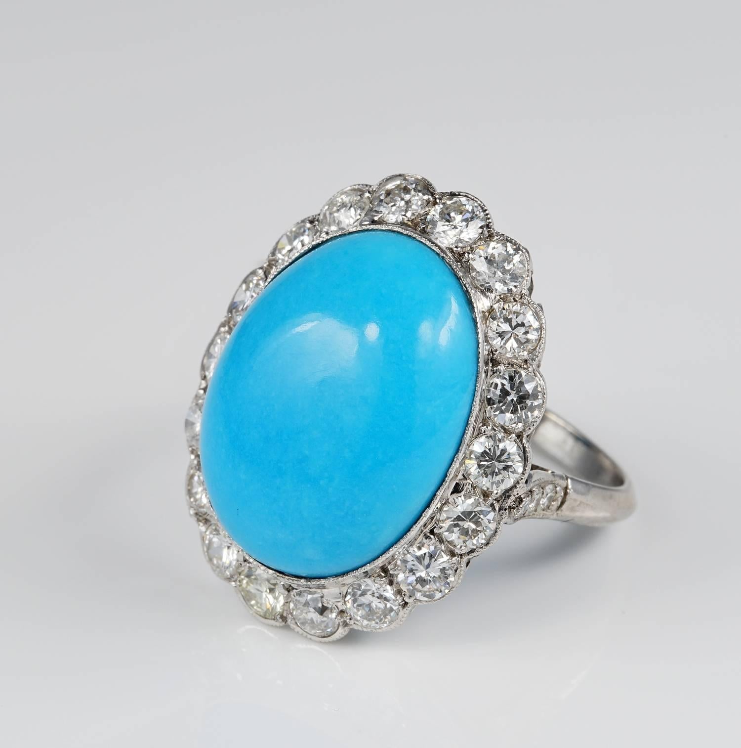 Edwardian Natural Persian Turquoise and Diamond Platinum Ring In Good Condition In Napoli, IT