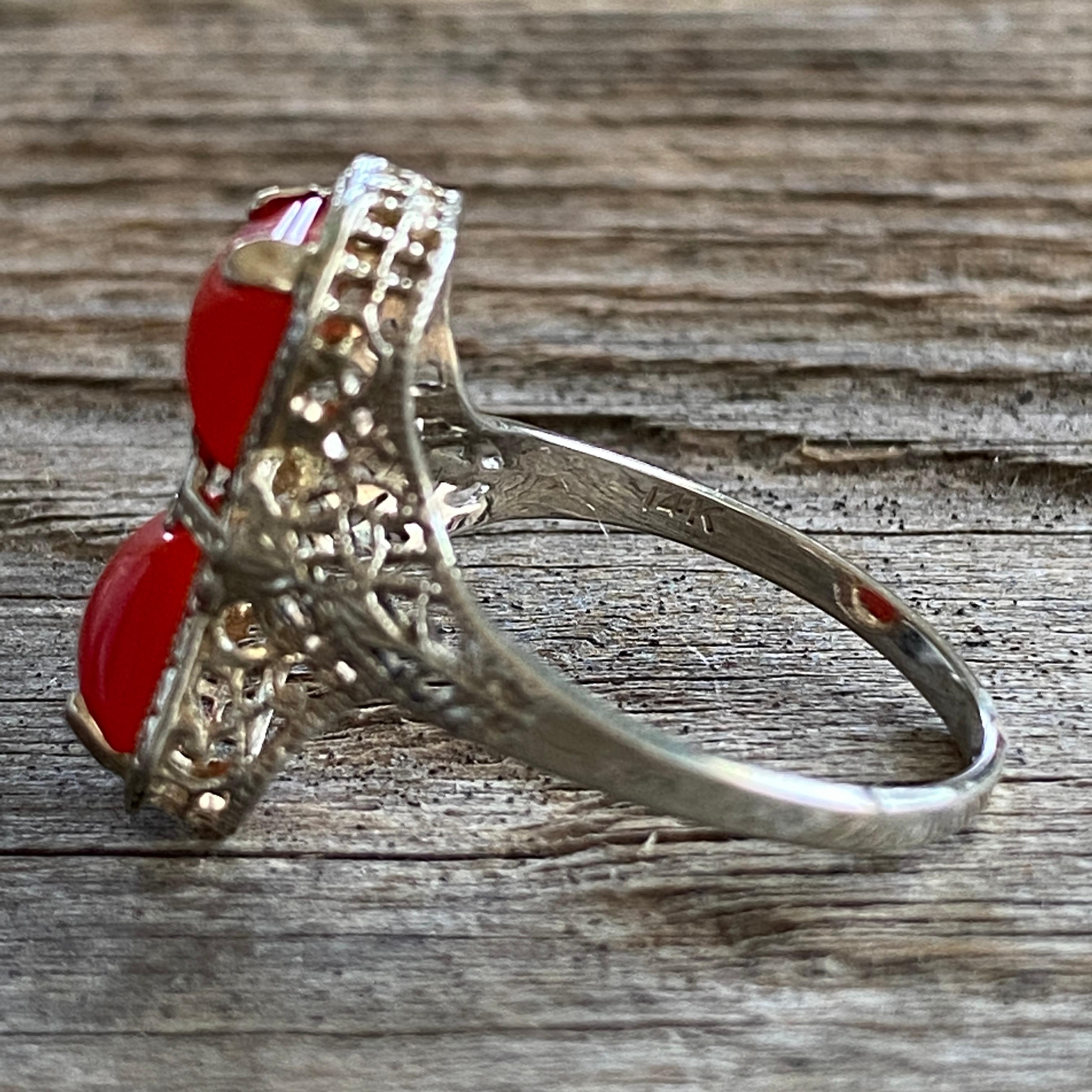 Red Ring Edwardian Natural Red Coral 14k Gold Filigree Ring at 1stDibs