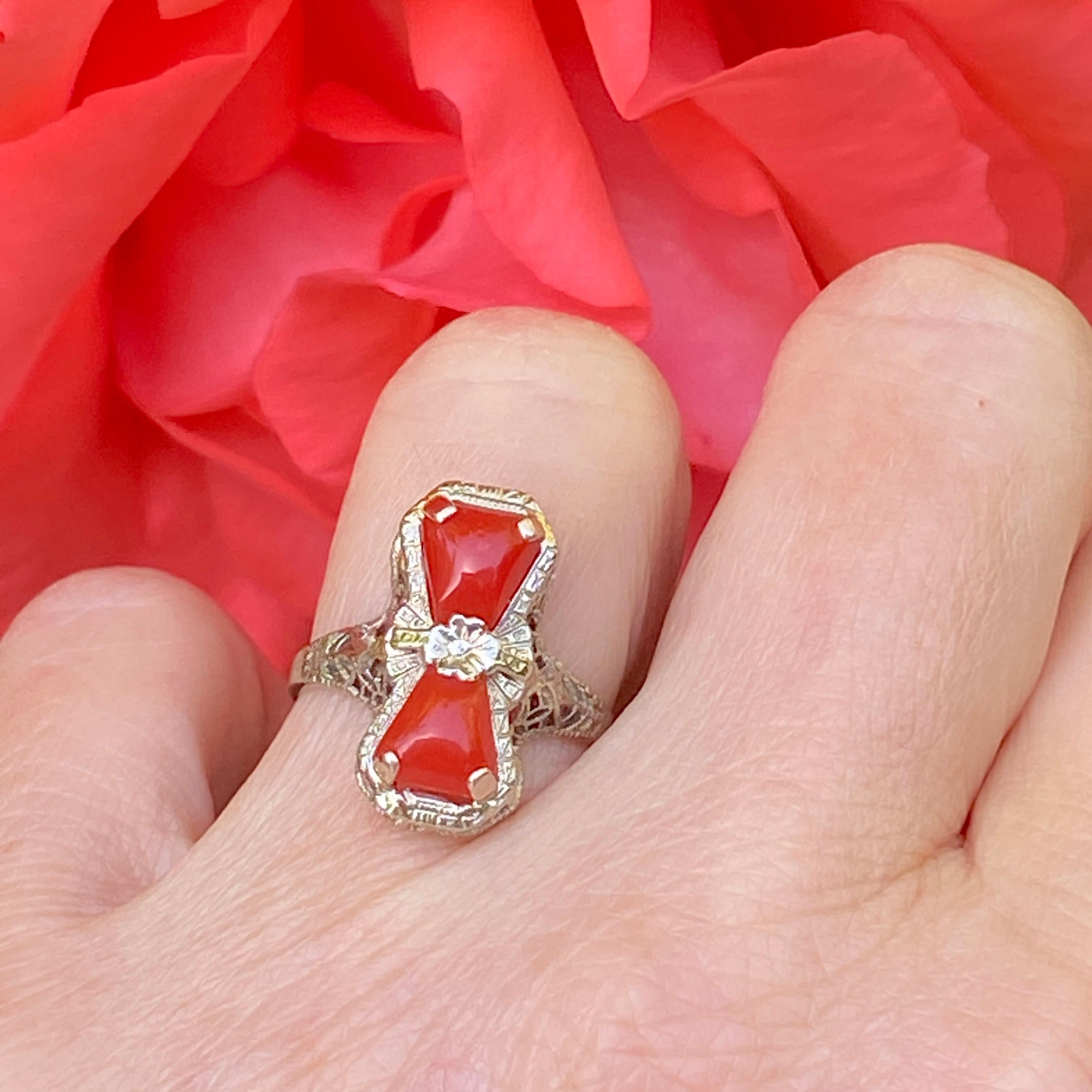 Women's Edwardian Natural Red Coral 14k Gold Filigree Ring