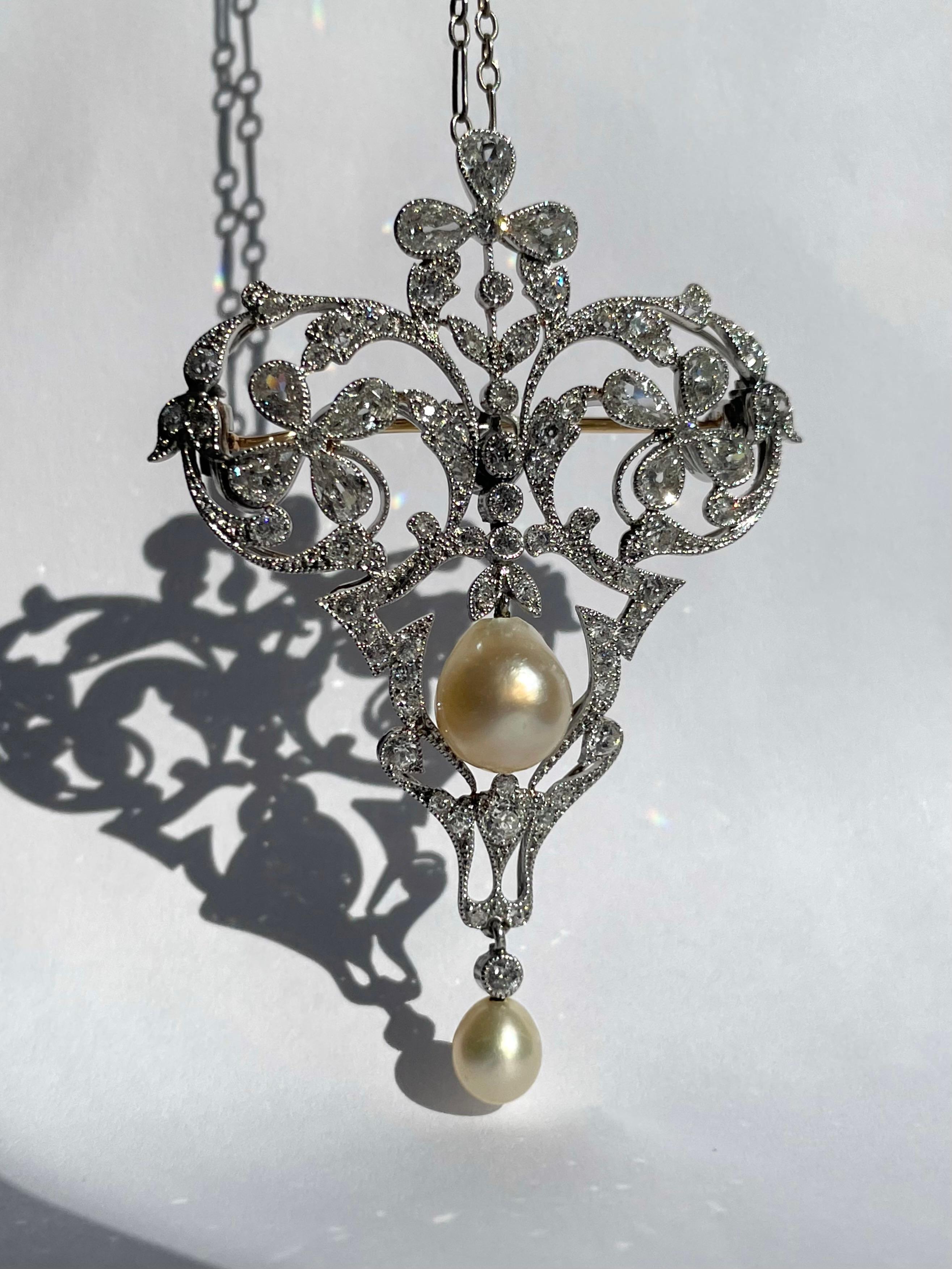 Old Mine Cut Edwardian Natural Saltwater Pearl & 4.52 CTW Diamond Pendant Brooch in Platinum For Sale