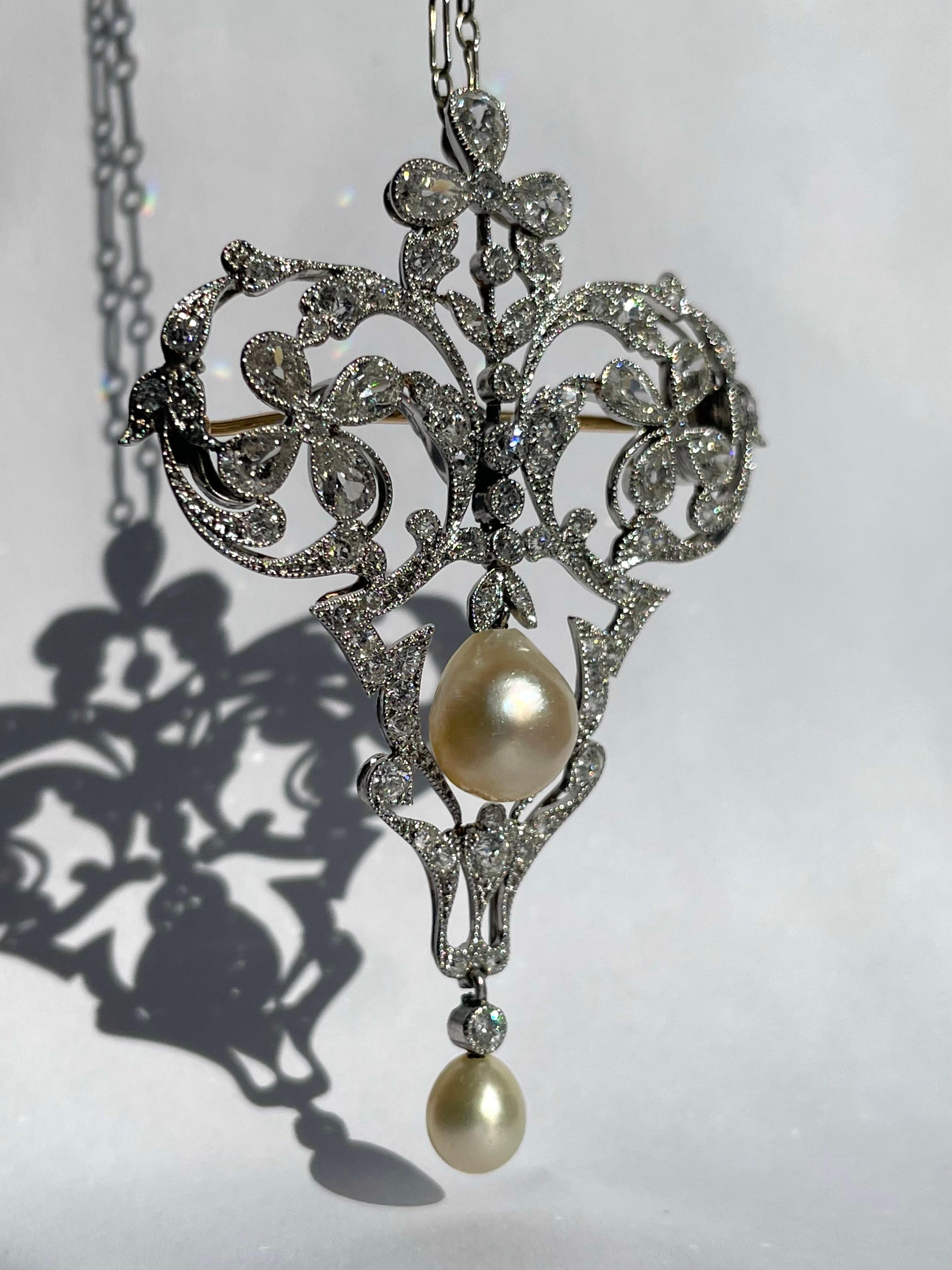 Edwardian Natural Saltwater Pearl & 4.52 CTW Diamond Pendant Brooch in Platinum In Good Condition For Sale In Boston, MA