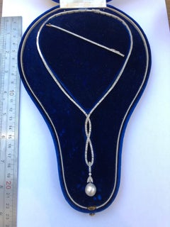 Edwardian Natural Saltwater Pearl and Diamond Necklace in Fitted Box