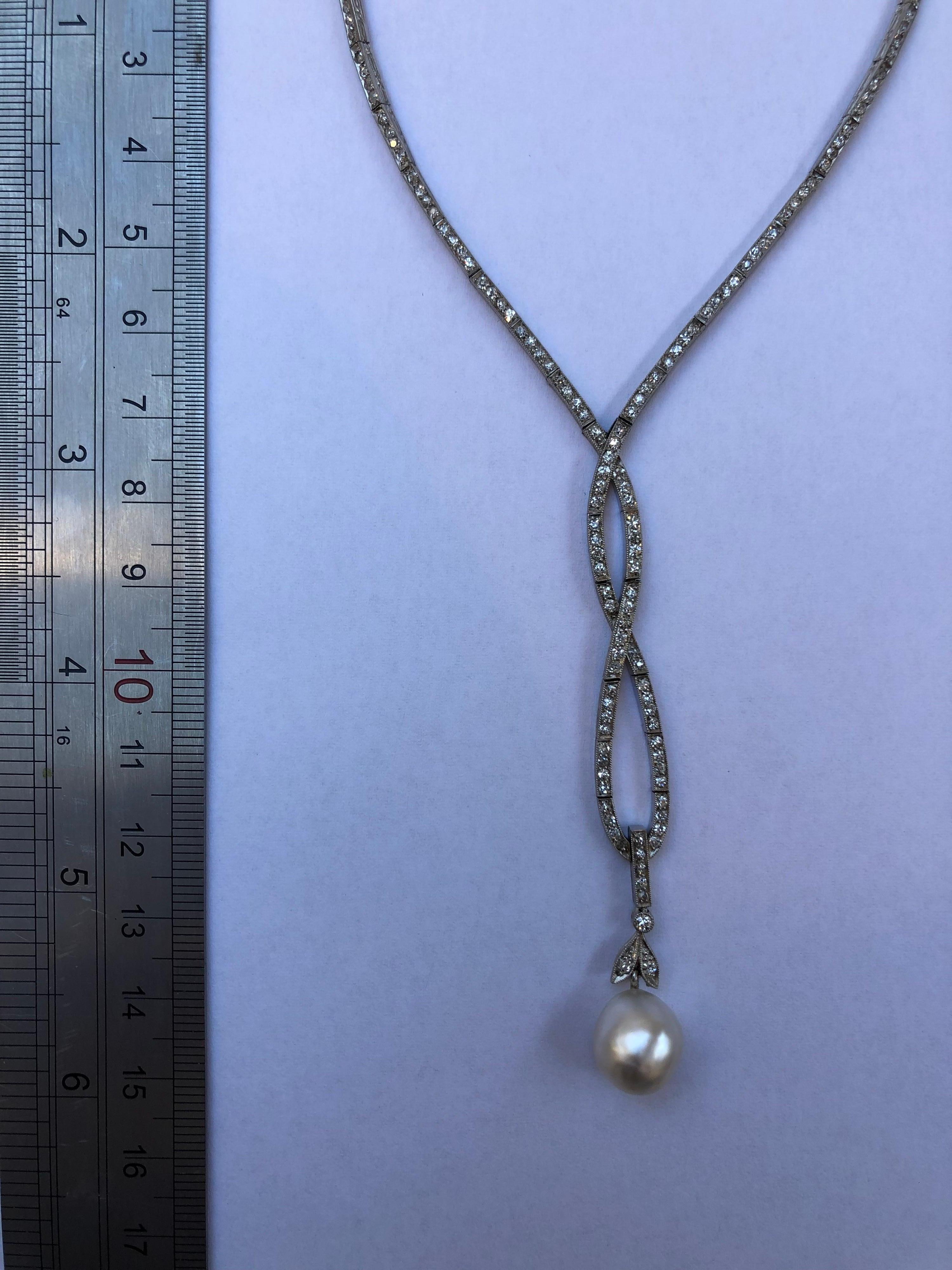Round Cut Edwardian Natural Saltwater Pearl and Diamond Necklace in Fitted Box For Sale