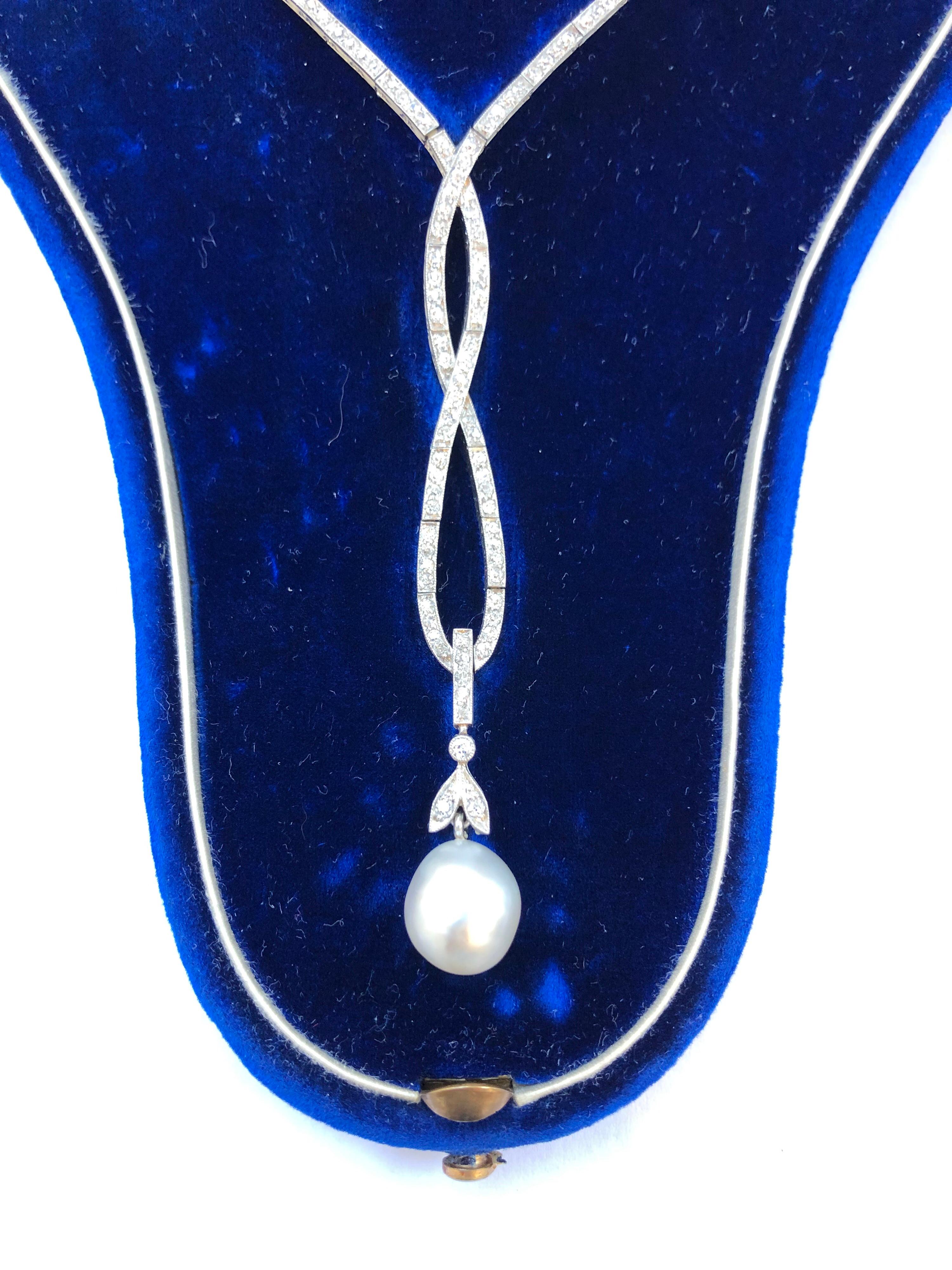 Women's or Men's Edwardian Natural Saltwater Pearl and Diamond Necklace in Fitted Box For Sale