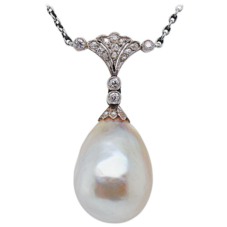 Edwardian Natural Saltwater Pearl and Diamond Pendant, circa 1910s For Sale