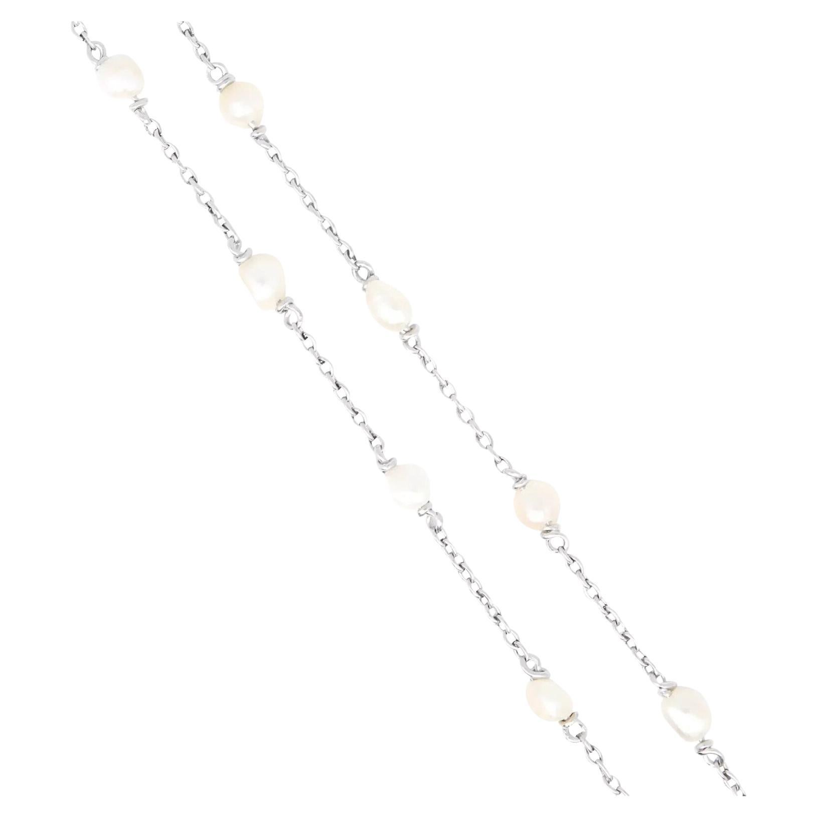 Edwardian Natural Saltwater Pearl Chain Necklace in Platinum For Sale