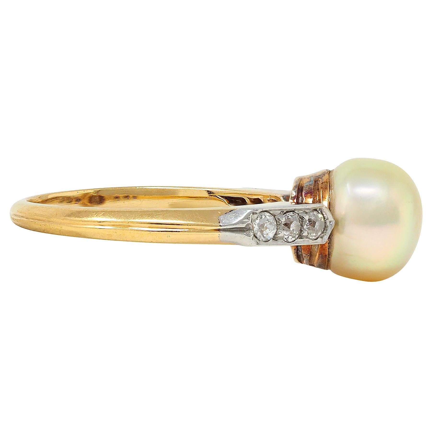 Round Cut Edwardian Natural Saltwater Pearl Diamond Platinum 18K Gold Antique Ring GIA For Sale