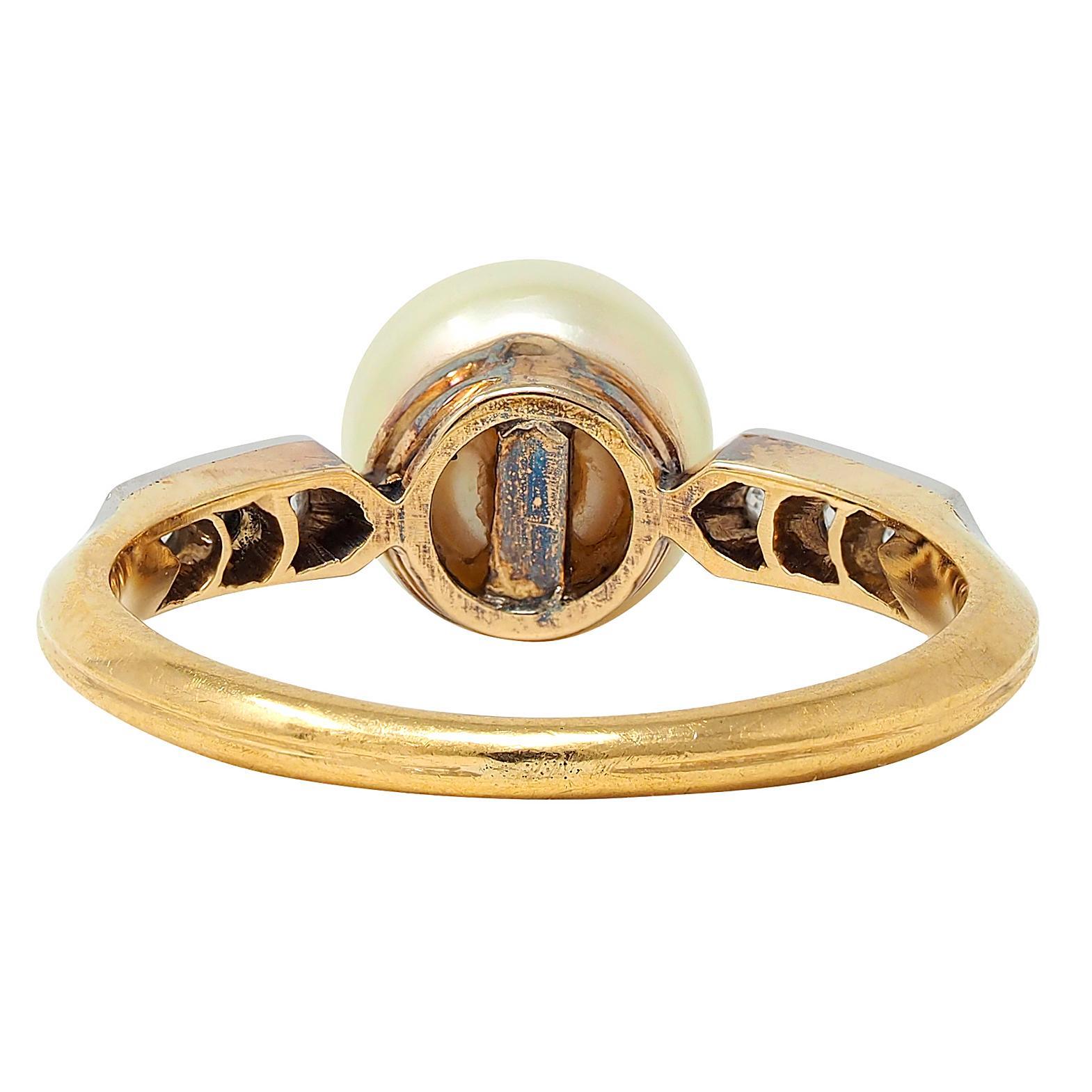 Edwardian Natural Saltwater Pearl Diamond Platinum 18K Gold Antique Ring GIA In Excellent Condition For Sale In Philadelphia, PA