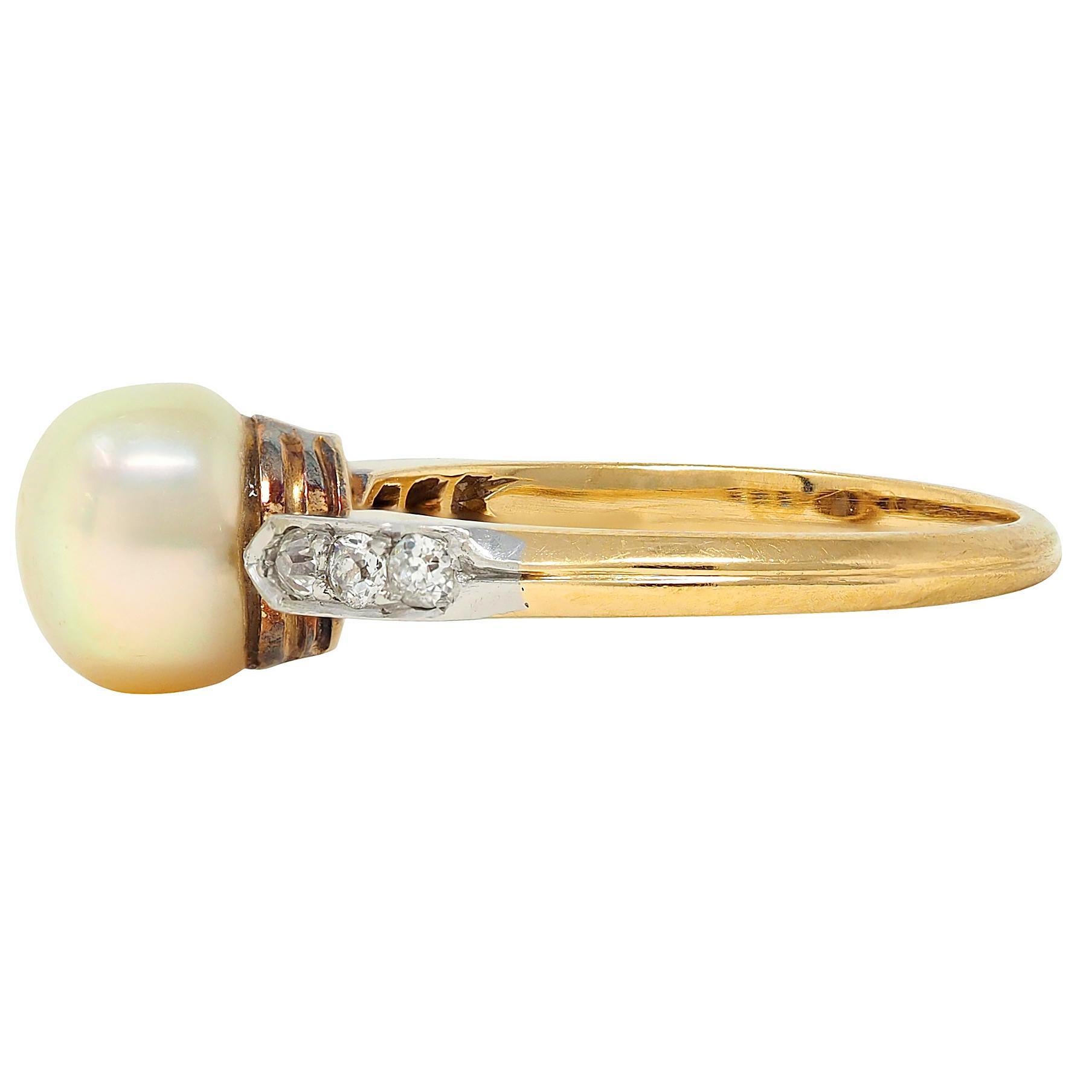 Women's or Men's Edwardian Natural Saltwater Pearl Diamond Platinum 18K Gold Antique Ring GIA For Sale