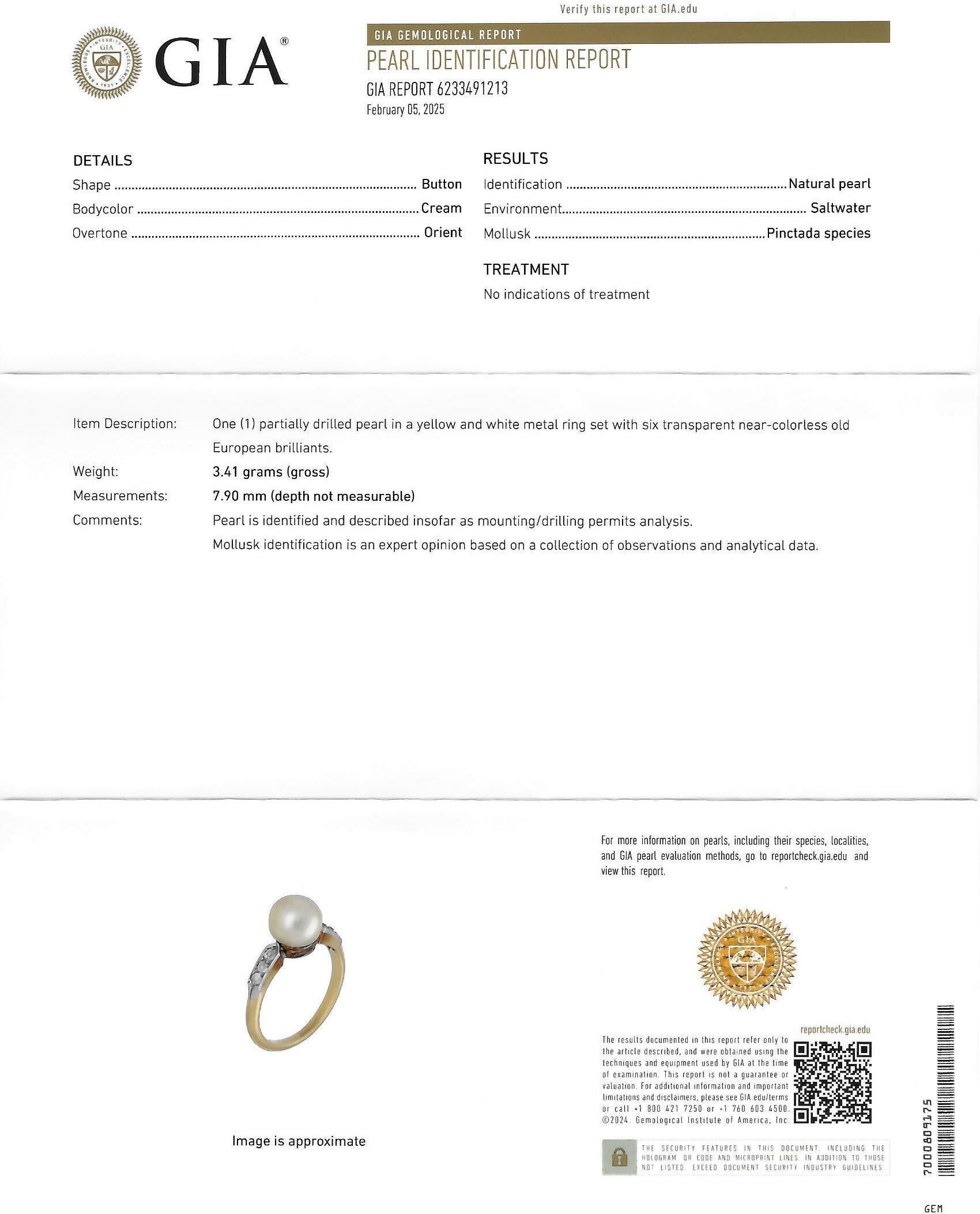 Edwardian Natural Saltwater Pearl Diamond Platinum 18K Gold Antique Ring GIA For Sale 4