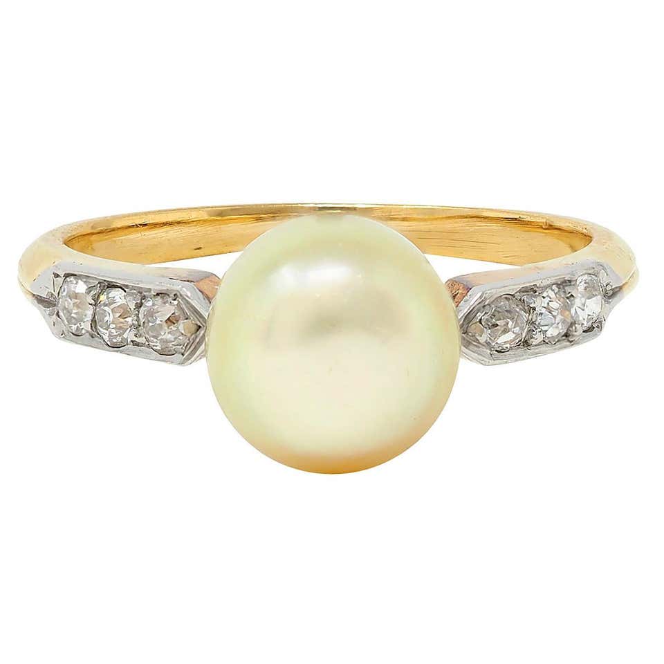 Antique 1.07 Carat Diamond and Natural Saltwater Pearl Yellow Gold ...