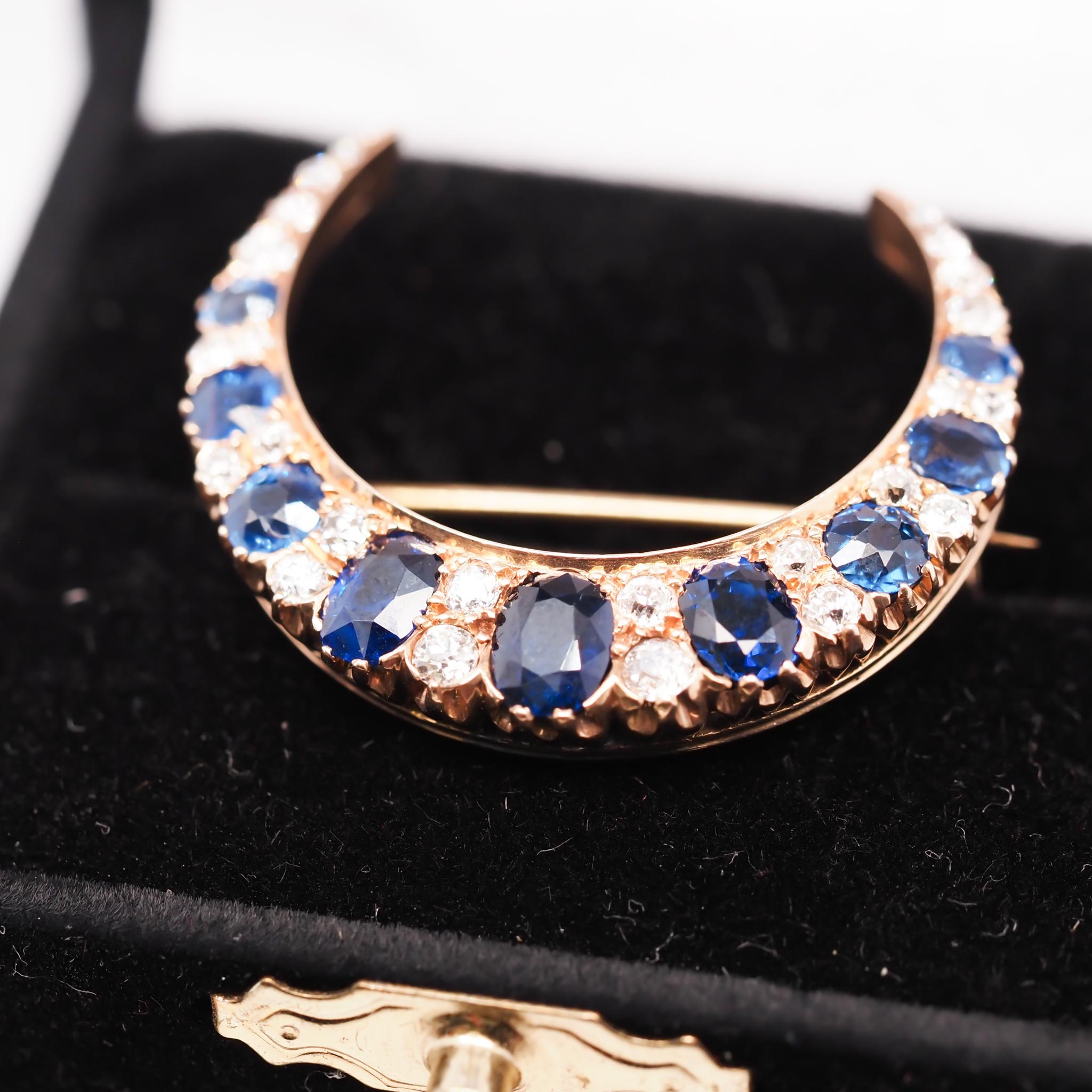 Edwardian Natural Sapphire and Old Mine Diamond Crescent Moon Brooch 3