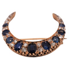 Edwardian Natural Sapphire and Old Mine Diamond Crescent Moon Brooch