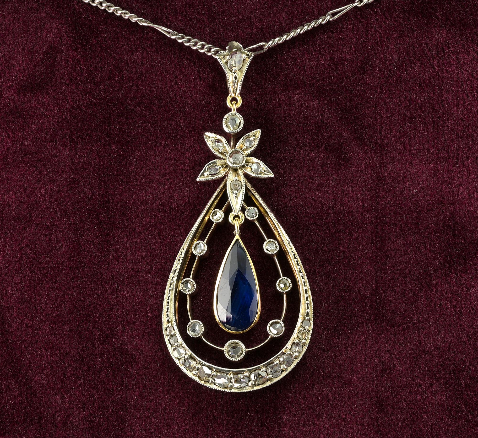 This charming Edwardian era pendant is 1905 ca
Design is made of a tri -lobed bail attached to a lovely daisy flower which stands on the three oval dangling sections one into the other
Center Sapphire is natural untreated approx. 1.20 Ct (12,3 x 5.6