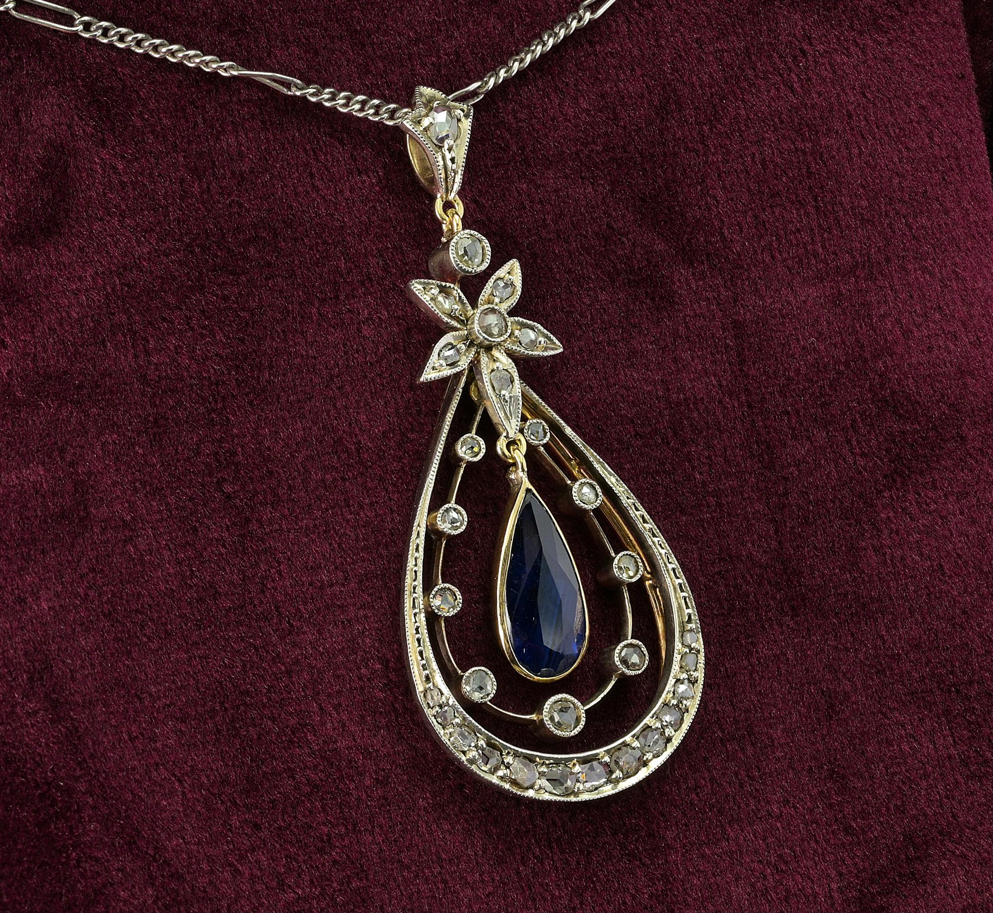 Edwardian Natural Sapphire Diamond 18 KT Pendant In Good Condition For Sale In Napoli, IT