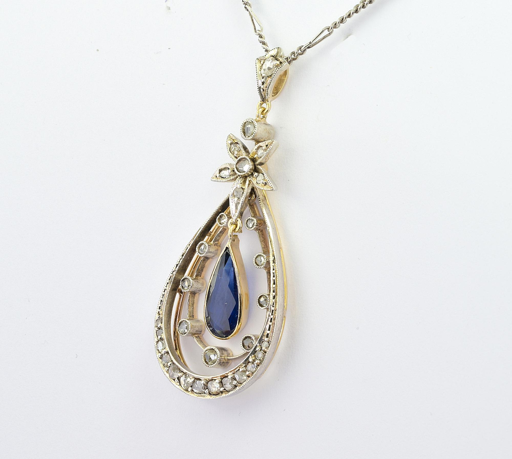 Women's or Men's Edwardian Natural Sapphire Diamond 18 KT Pendant For Sale