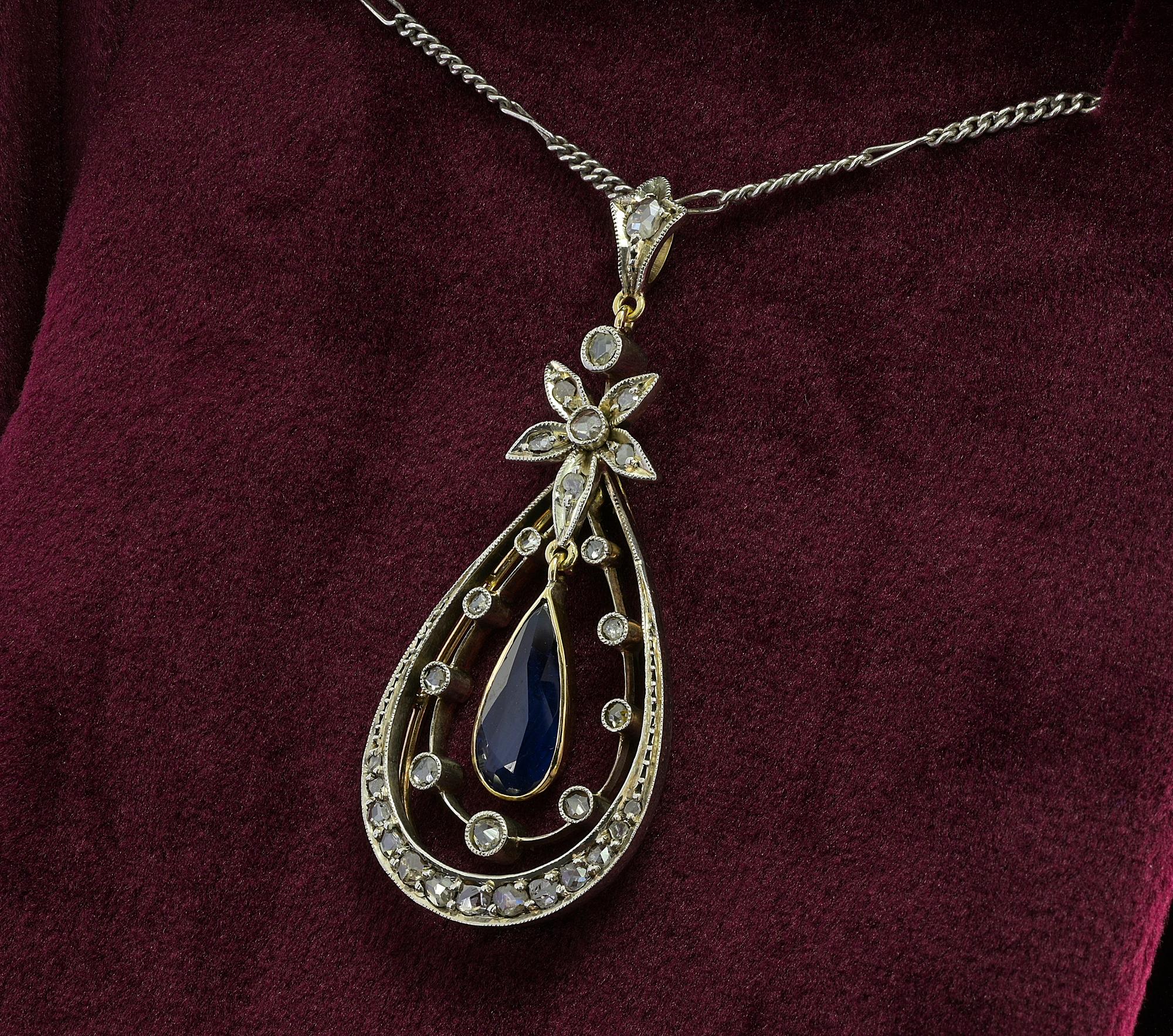 Edwardian Natural Sapphire Diamond 18 KT Pendant For Sale 1