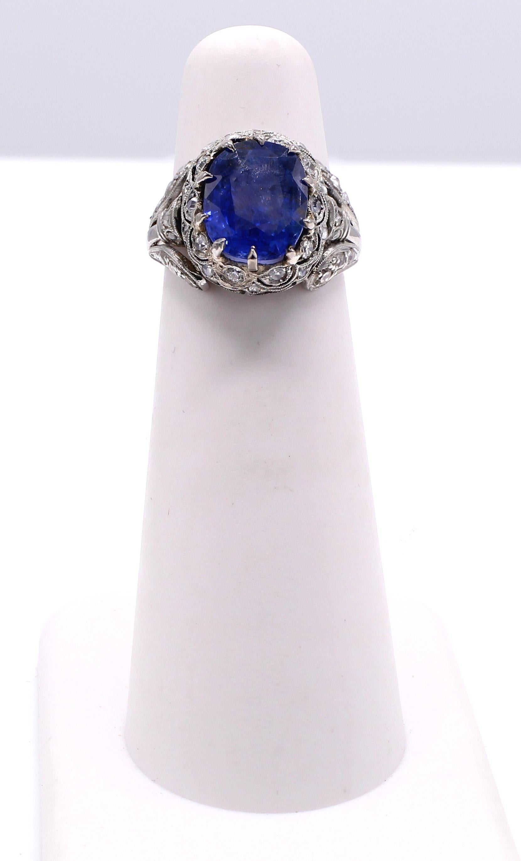 Cushion Cut Edwardian Natural Sapphire Diamond Platinum Engagement Ring For Sale