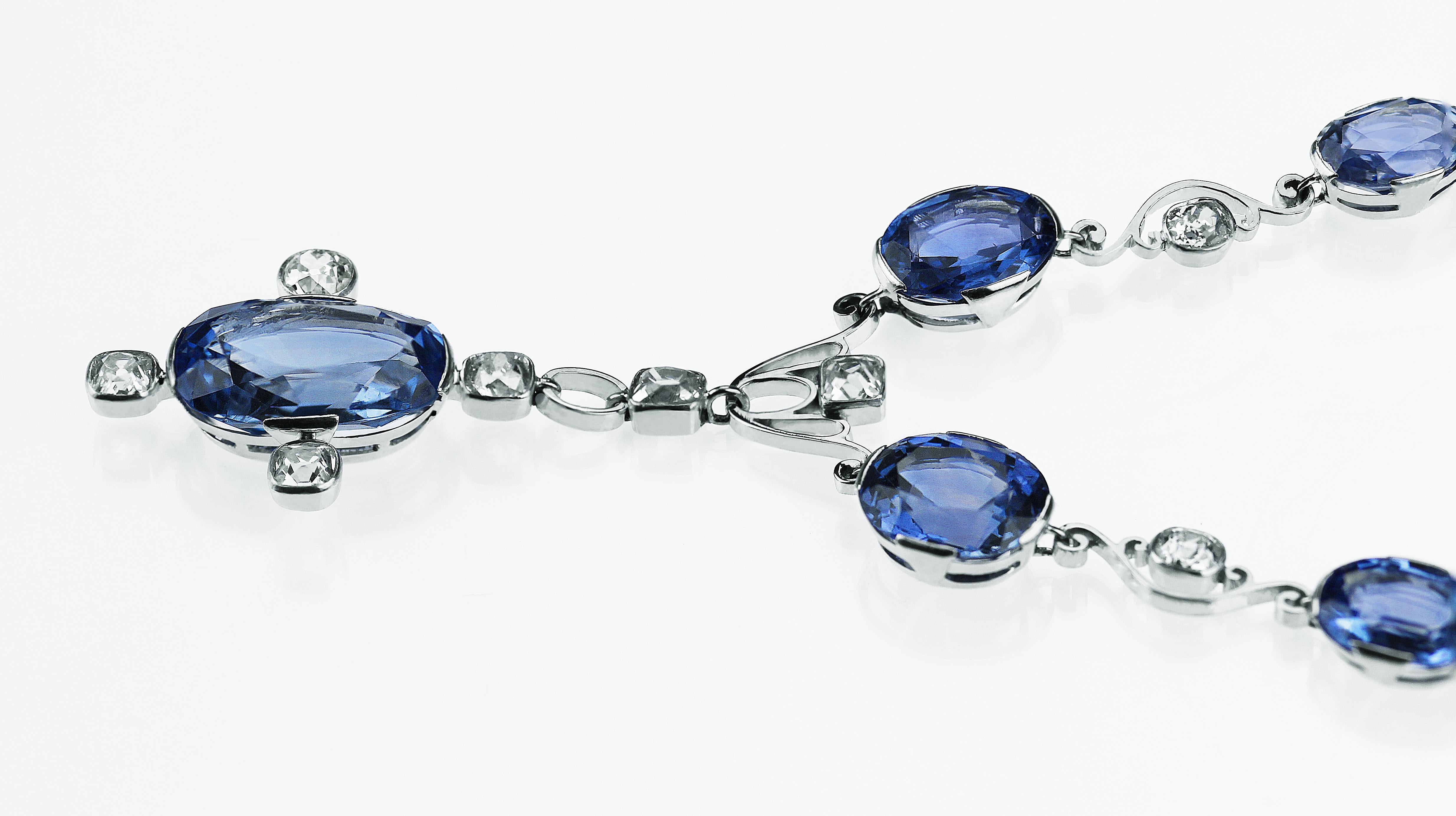 Oval Cut GCS Certified Natural Sri Lanka Sapphire 21ct & Diamond Antique Necklace/Tiara