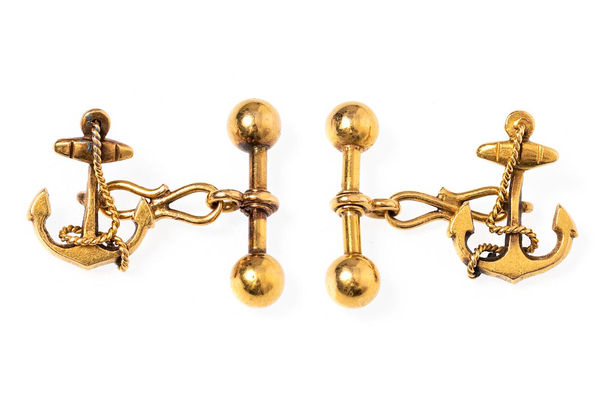 Edwardian Nautical Cufflinks with Anchor in 15 Carat Gold, English, circa 1910 In Good Condition For Sale In London, GB