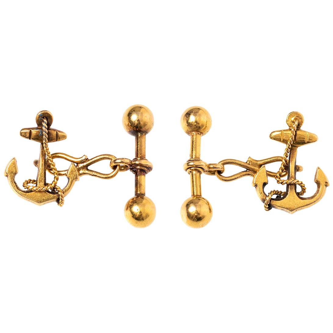 Edwardian Nautical Cufflinks with Anchor in 15 Carat Gold, English, circa 1910 For Sale
