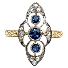 Edwardian Navette Blue Sapphire Diamond Platinum and Gold Ring