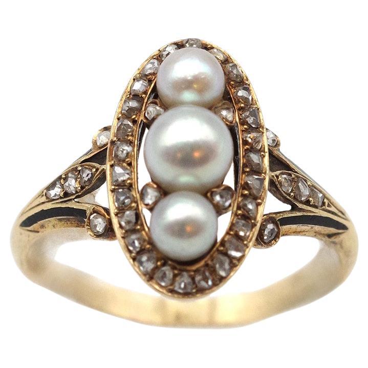 Edwardianischer Navette Perlen Ring in 18k Gold, Belle Epoque Perle Diamant Ring im Angebot