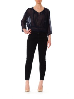 Edwardian Navy Blue Silk Chiffon Early 1920S Beaded Blouse XL