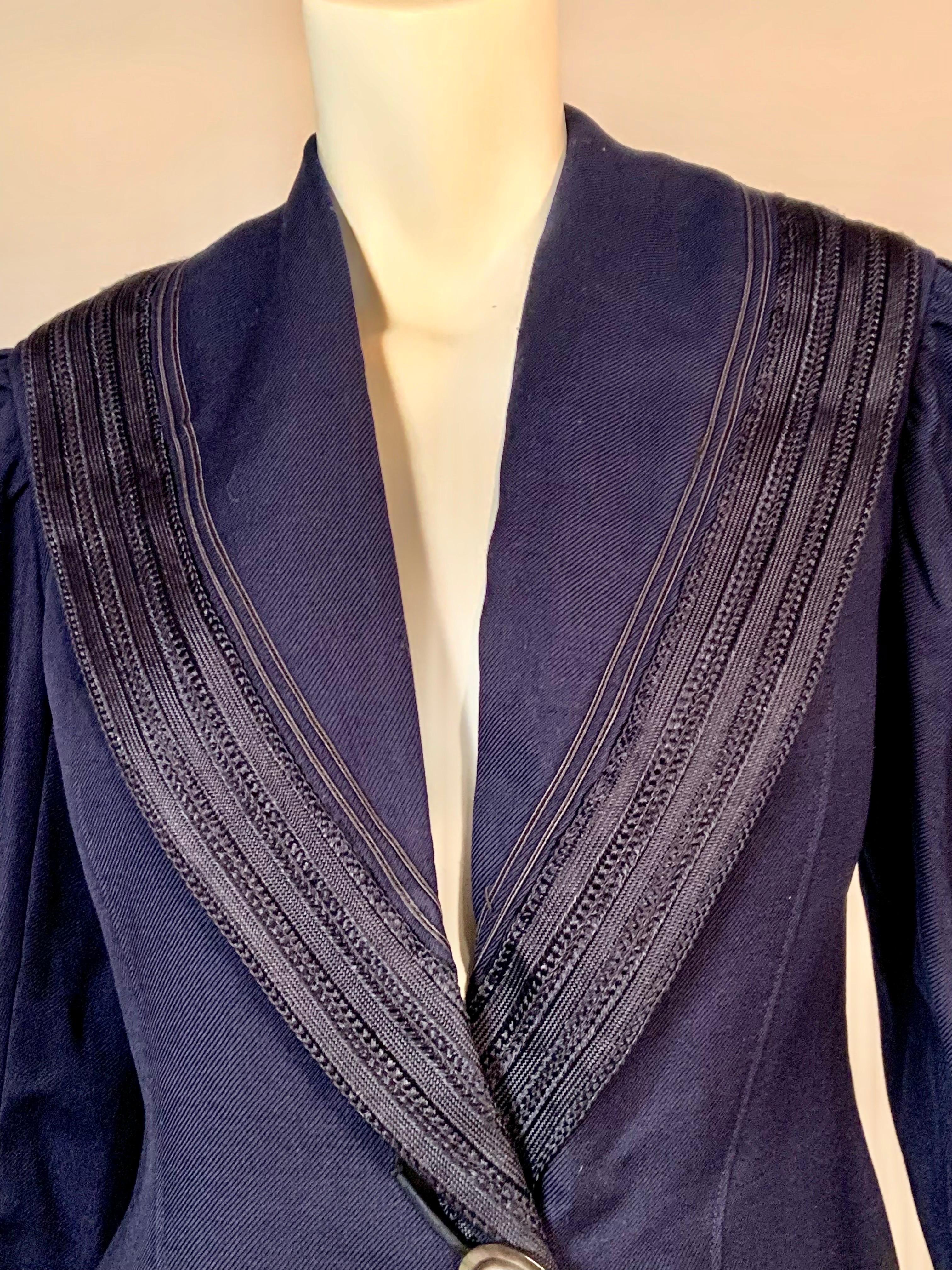 Women's Edwardian Navy Blue Wool Coat with Braid Trim