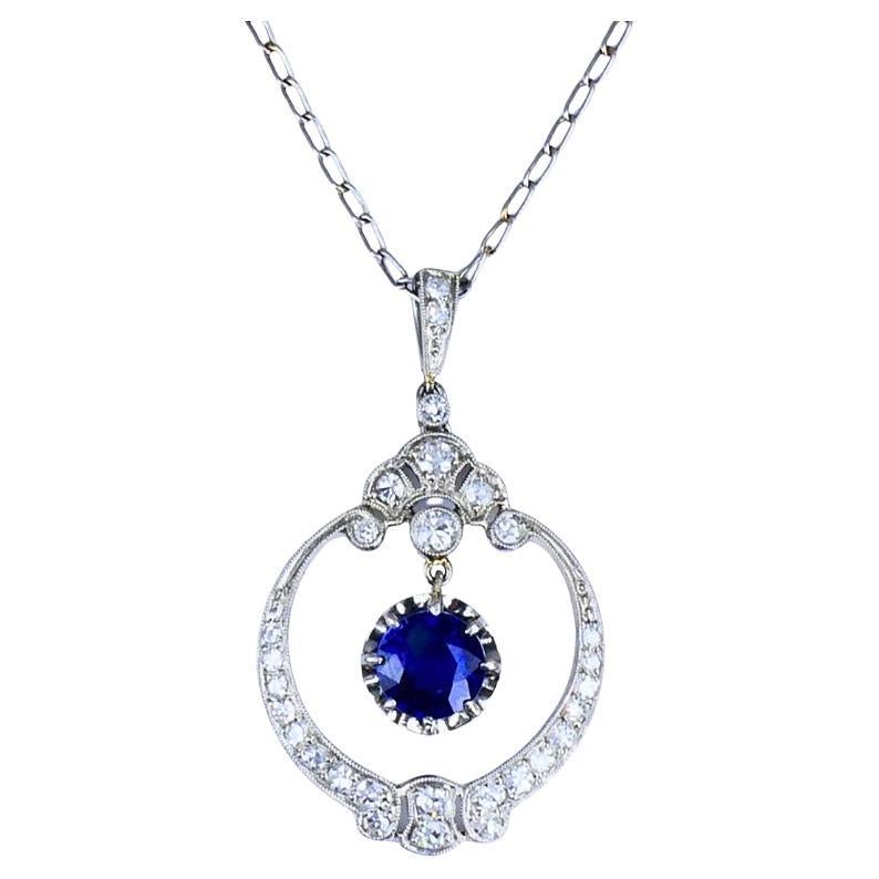 Edwardian Necklace Platinum Sapphire Diamond Pendant Vintage Jewelry Art Deco