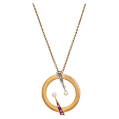 Edwardian Necklace Ruby Diamond Pearl Vintage 14 Karat Gold Circle Jewelry
