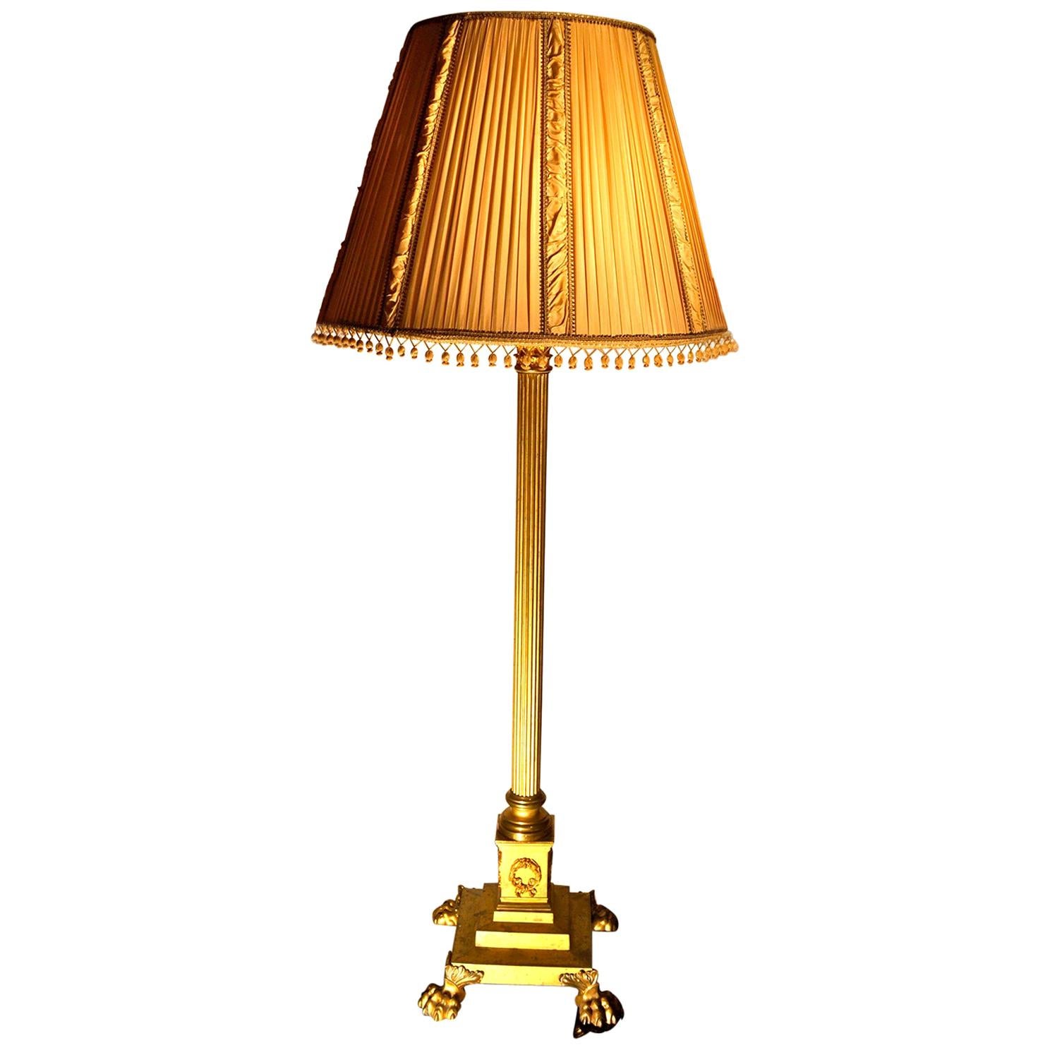 Edwardian Neoclassical Gilded Brass Floor Lamp with a Pleated Silk Shade