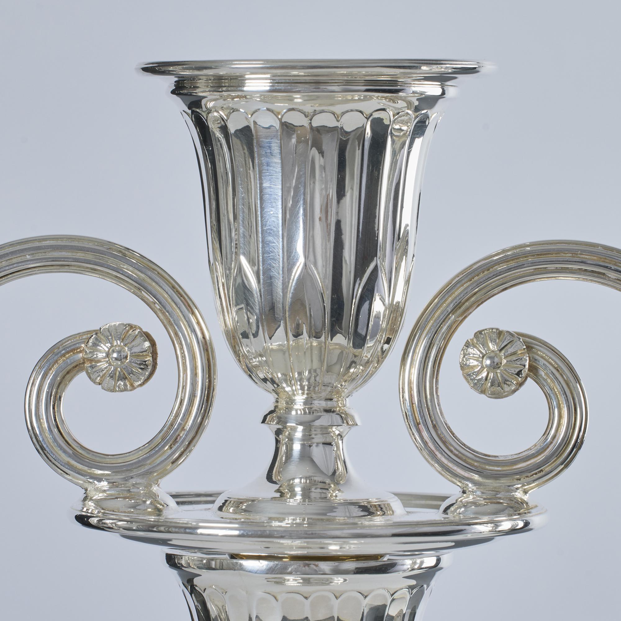 Pair of 2-branch 3-light neoclassical-style silver candelabra For Sale 3