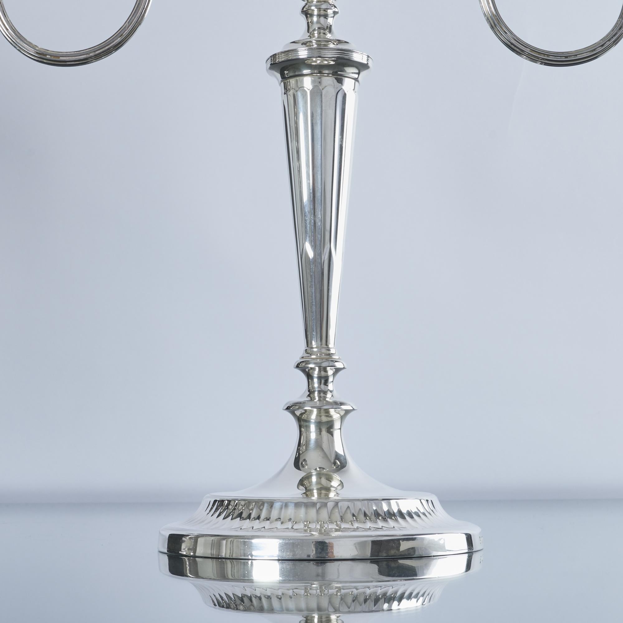 Pair of 2-branch 3-light neoclassical-style silver candelabra For Sale 5