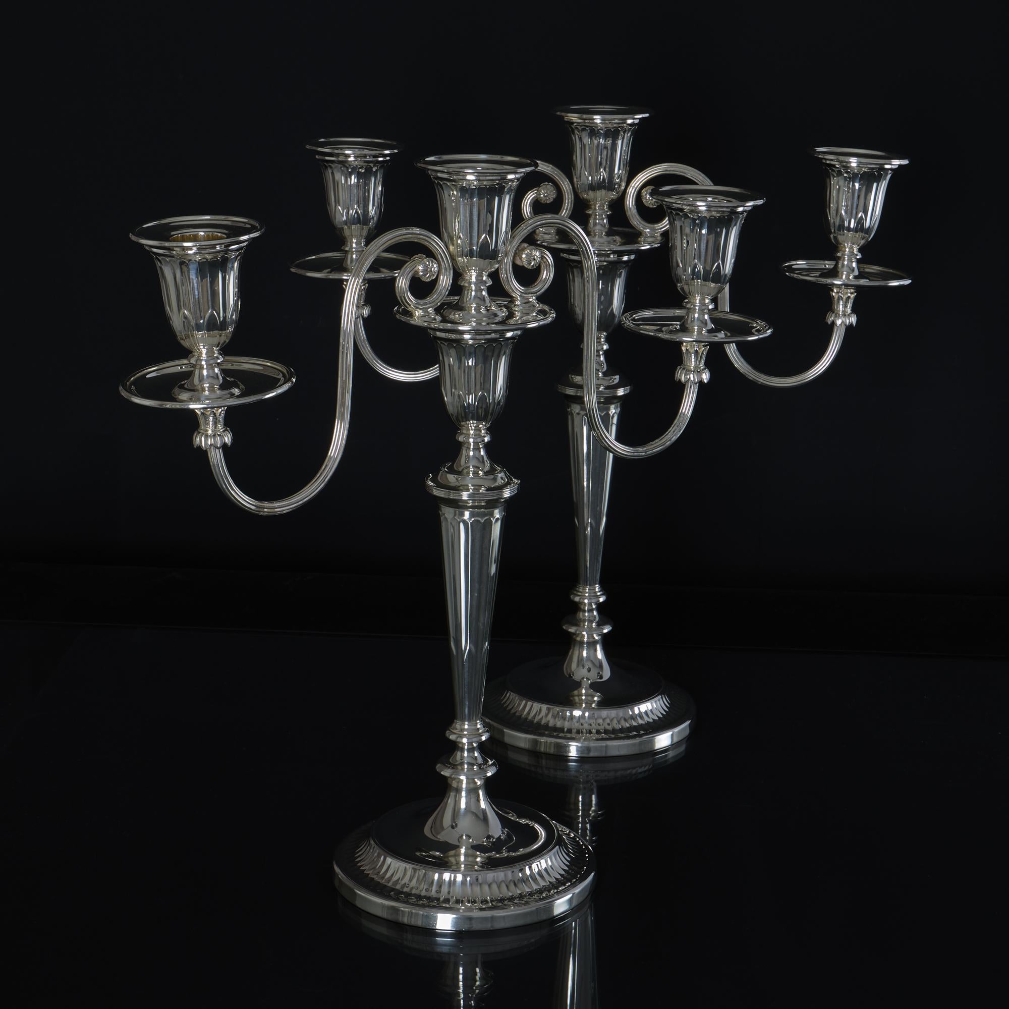 British Pair of 2-branch 3-light neoclassical-style silver candelabra For Sale