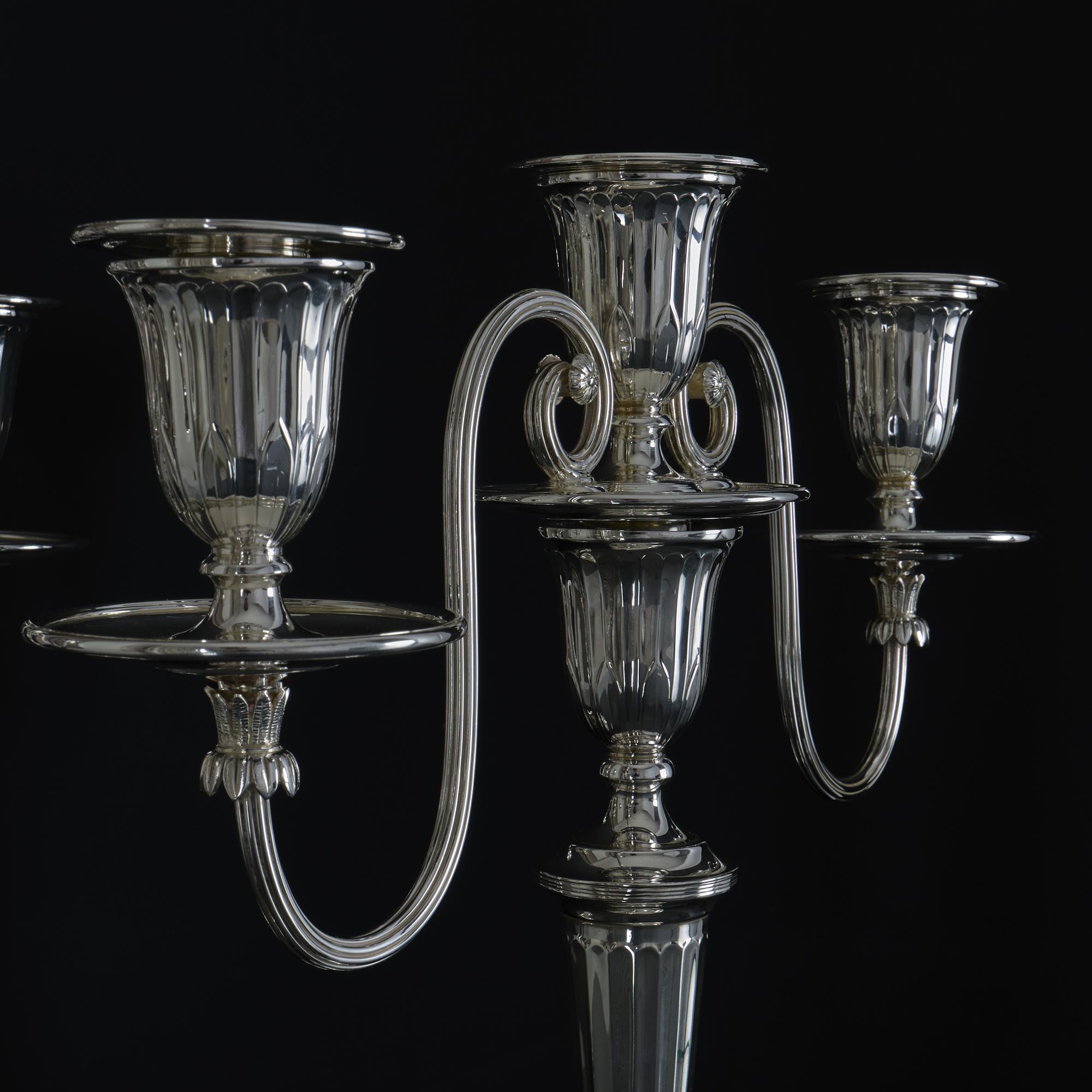 Sterling Silver Pair of 2-branch 3-light neoclassical-style silver candelabra For Sale
