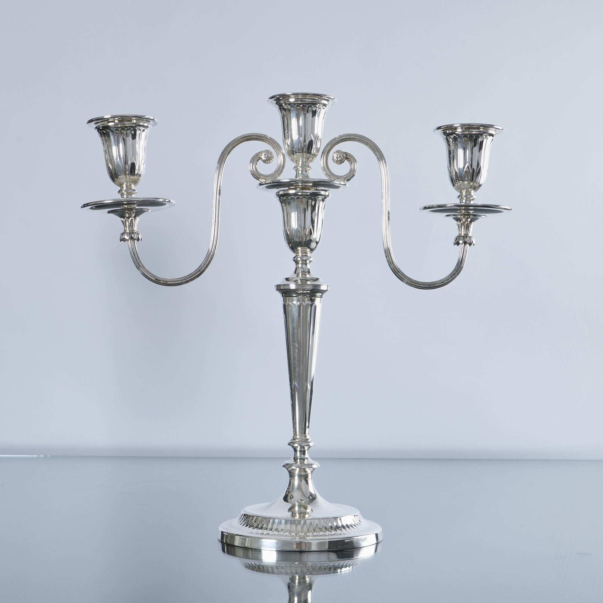 Pair of 2-branch 3-light neoclassical-style silver candelabra For Sale 1