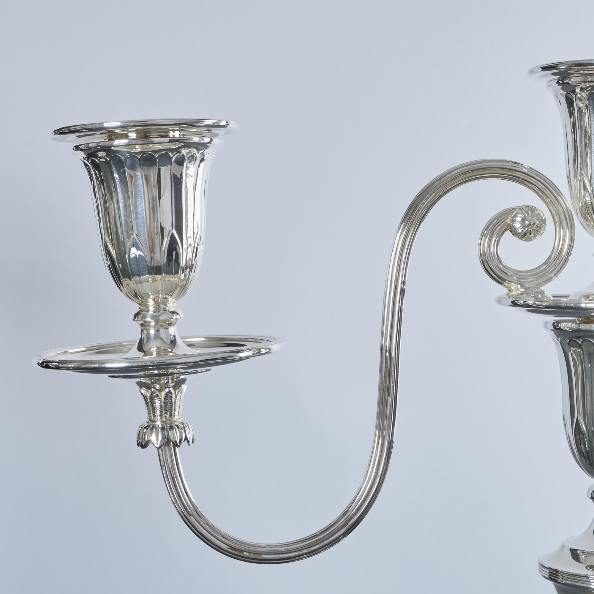 Pair of 2-branch 3-light neoclassical-style silver candelabra For Sale 2