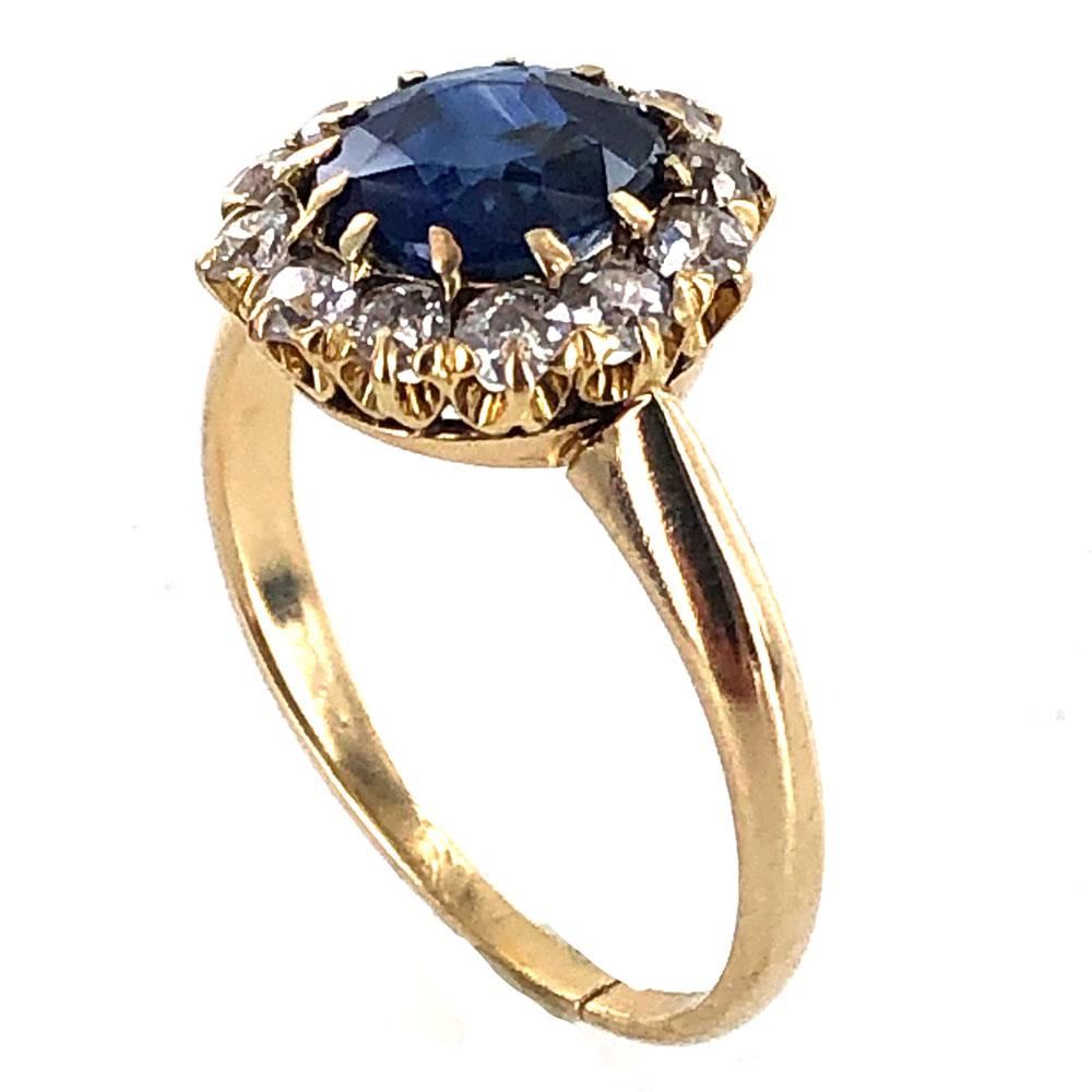 Old Mine Cut Edwardian No Heat Blue Sapphire Diamond 18 Karat Yellow Gold Ring AGL Certified