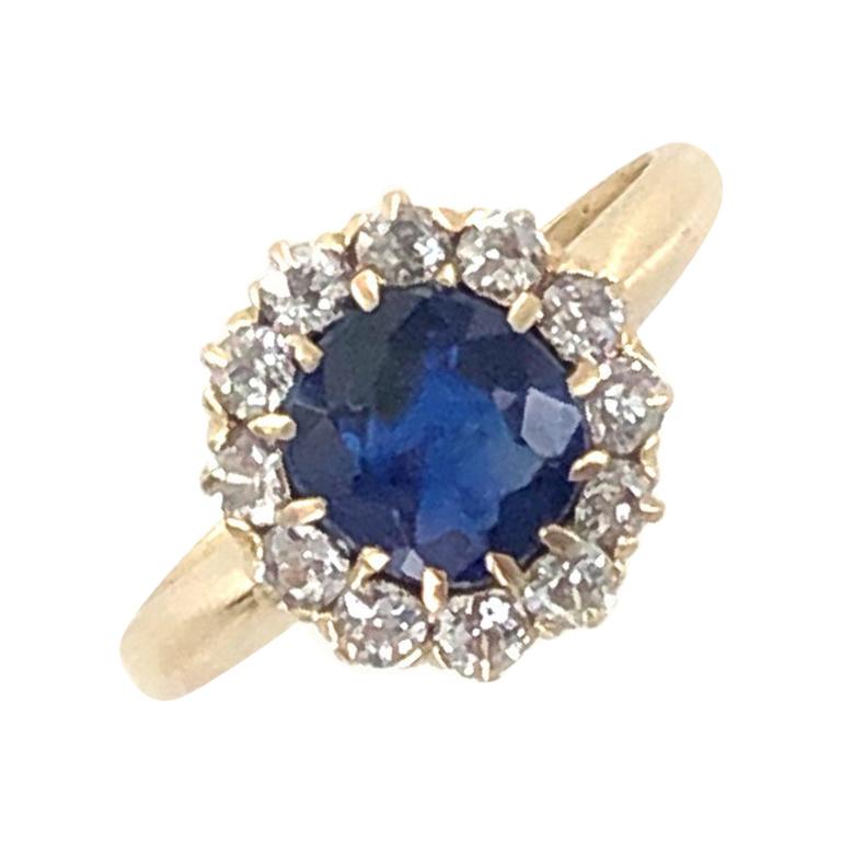 Edwardian No Heat Blue Sapphire Diamond 18 Karat Yellow Gold Ring AGL Certified