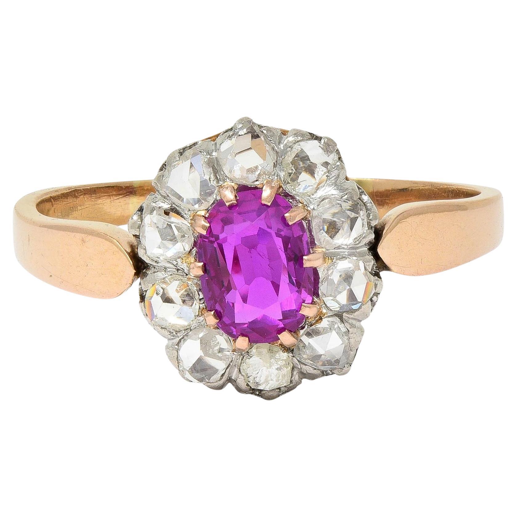 Edwardian No Heat Burma Pink Sapphire Diamond Platinum 14K Gold Antique Ring For Sale