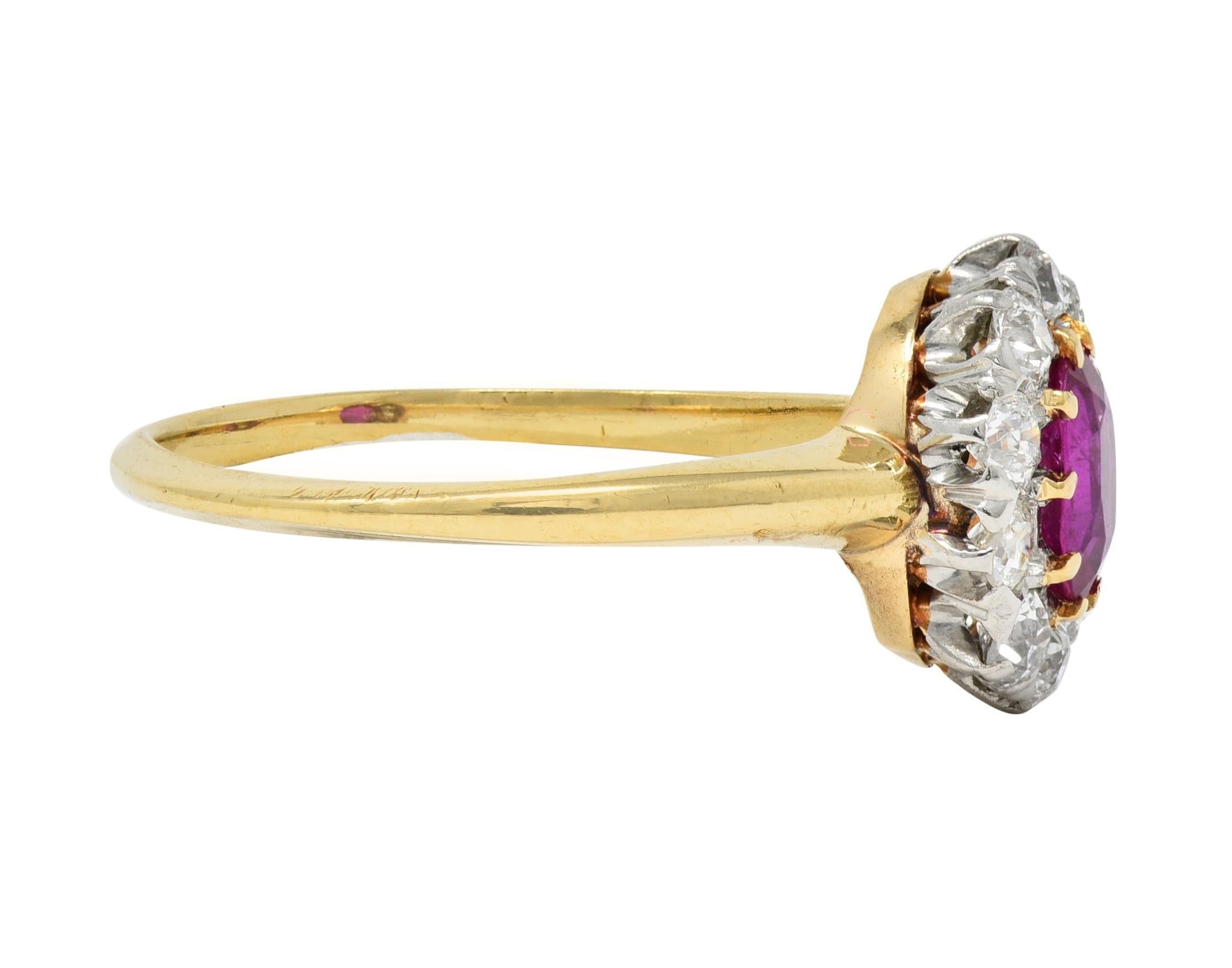 Old European Cut Edwardian No Heat Burma Ruby Diamond Platinum 18 Karat Gold Antique Halo Ring