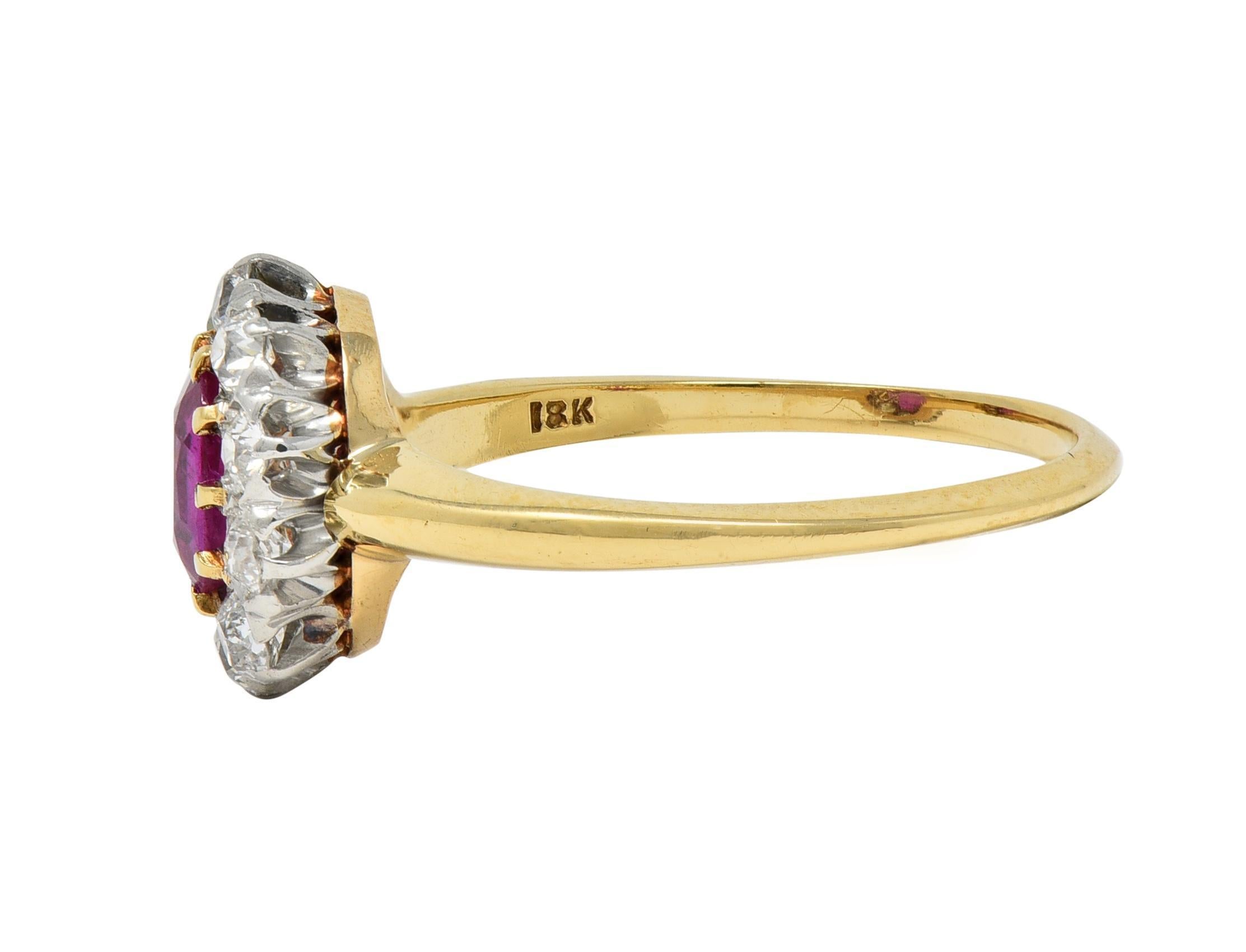Edwardian No Heat Burma Ruby Diamond Platinum 18 Karat Gold Antique Halo Ring In Excellent Condition For Sale In Philadelphia, PA