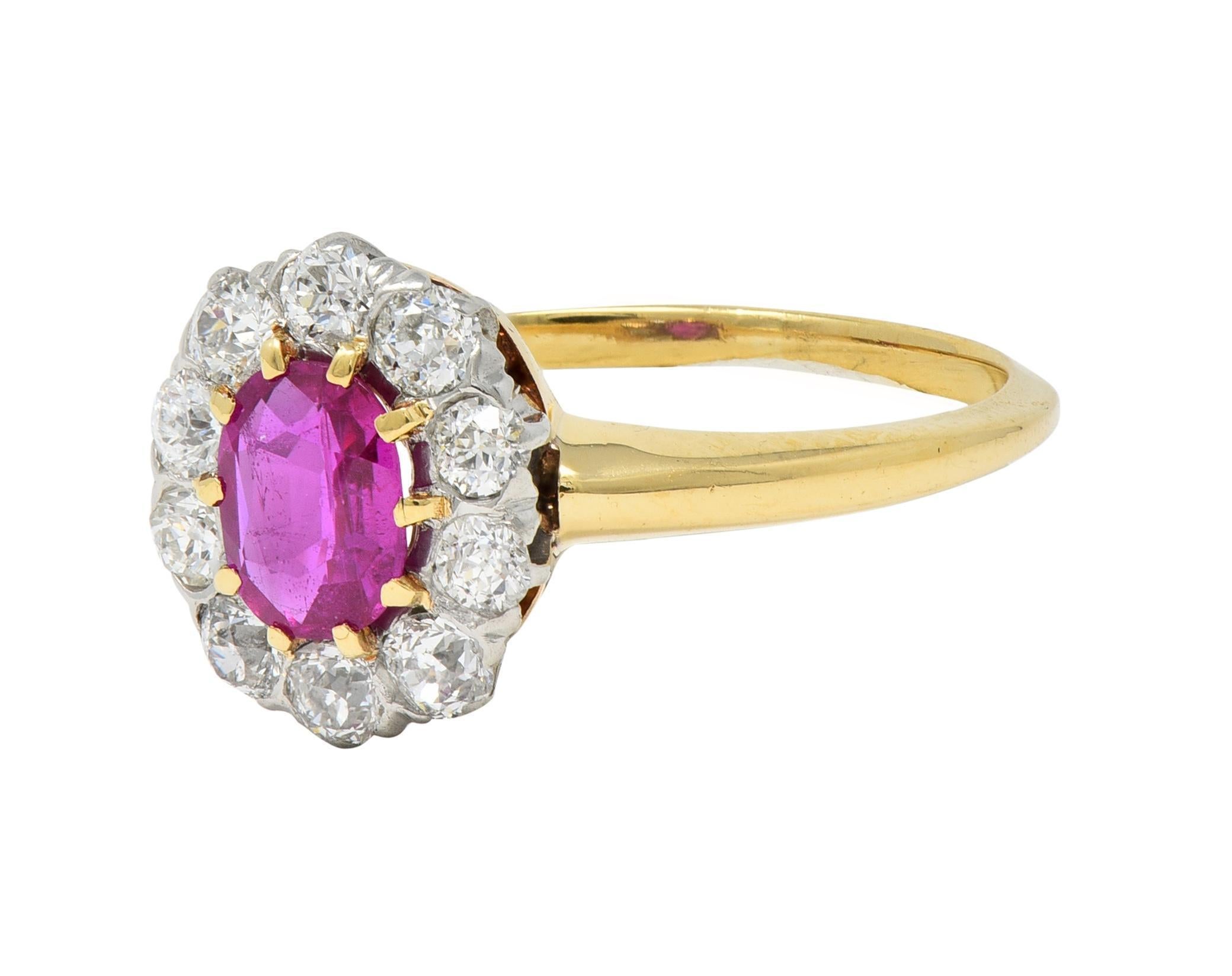 Edwardian No Heat Burma Ruby Diamond Platinum 18 Karat Gold Antique Halo Ring For Sale 2