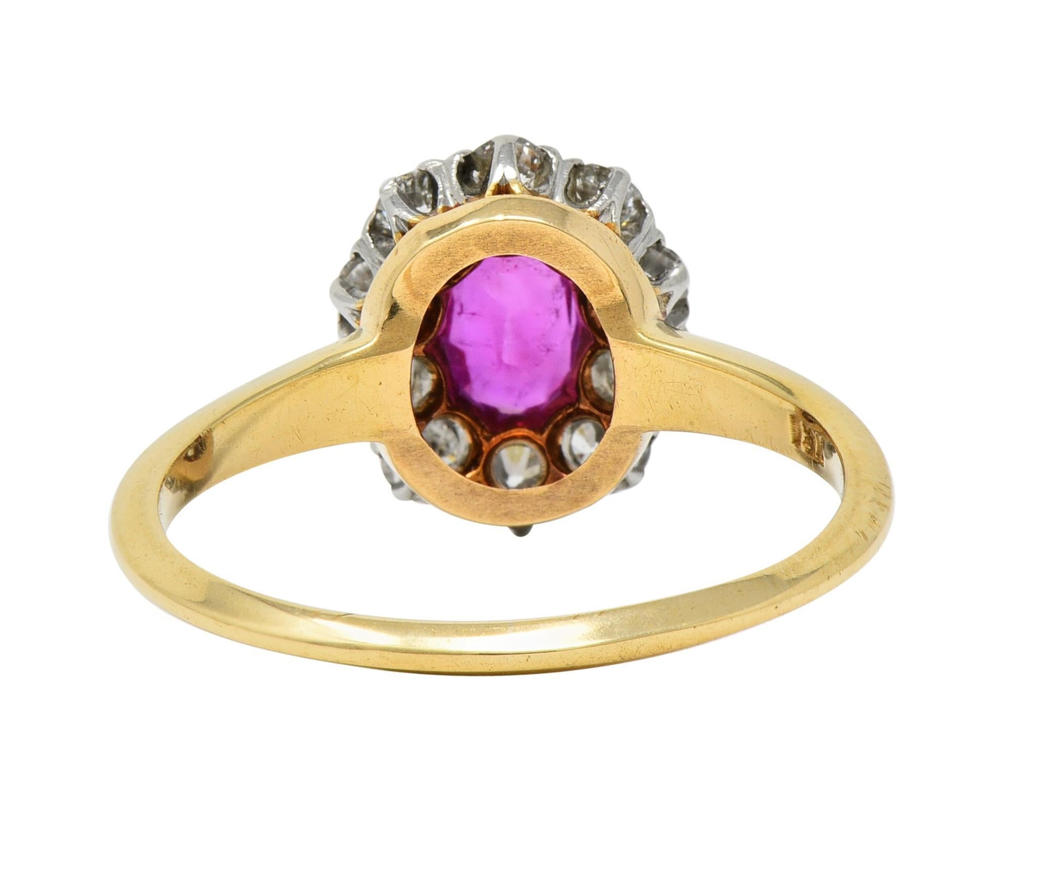 Edwardian No Heat Burma Ruby Diamond Platinum 18 Karat Gold Antique Halo Ring For Sale 3