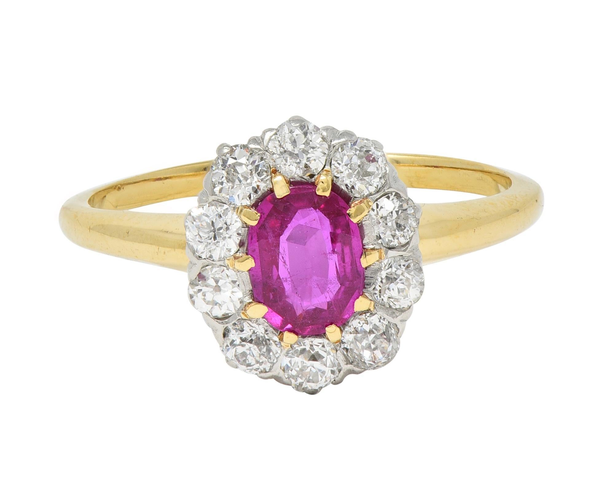 Edwardian No Heat Burma Ruby Diamond Platinum 18 Karat Gold Antique Halo Ring For Sale